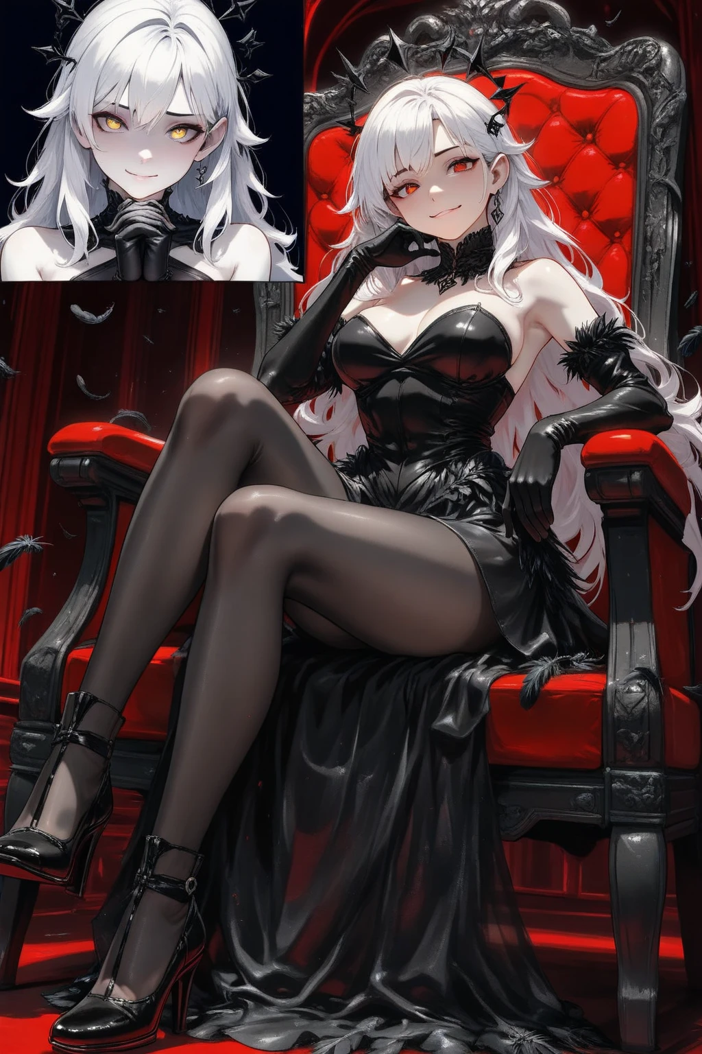 a woman wearing a long black dress, with a rose in one of her eyes, red eyes, long red stockings, exposed thigh, silver hair, red details on the dress, serious face, big breasts, red heels, standing on a black platform transparent, empty background with its red, red bloom in place,black hair, hair bobbles, wince, longeyelashes, solid circle eyes, fake animal ears, light smile, ear blush, fang, Surrealism, drop shadow, anaglyph, stereogram, tachi-e, pov, atmospheric perspective, Surrealism, bloom, 8k, super detail, ccurate, best quality, UHD, anatomically correct, textured skin, high quality, highres, best quality