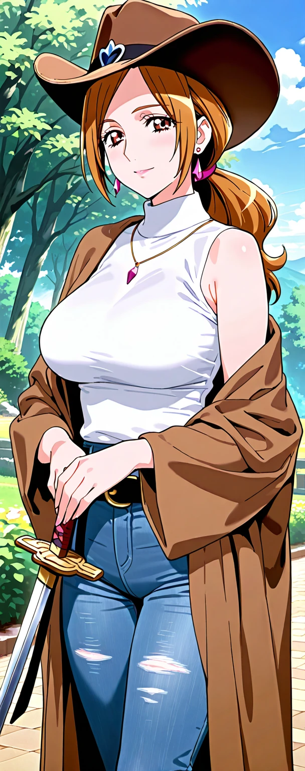 ((Masterpiece)), 8k wallpaper, realistic art, from above, kousaka honoka, blue eyes,beautiful female model, white shirt,unbottoned shirt, breasts out, stylish pants, golden necklace, kneeling,glossy lips, glossy skin, outdoors in garden