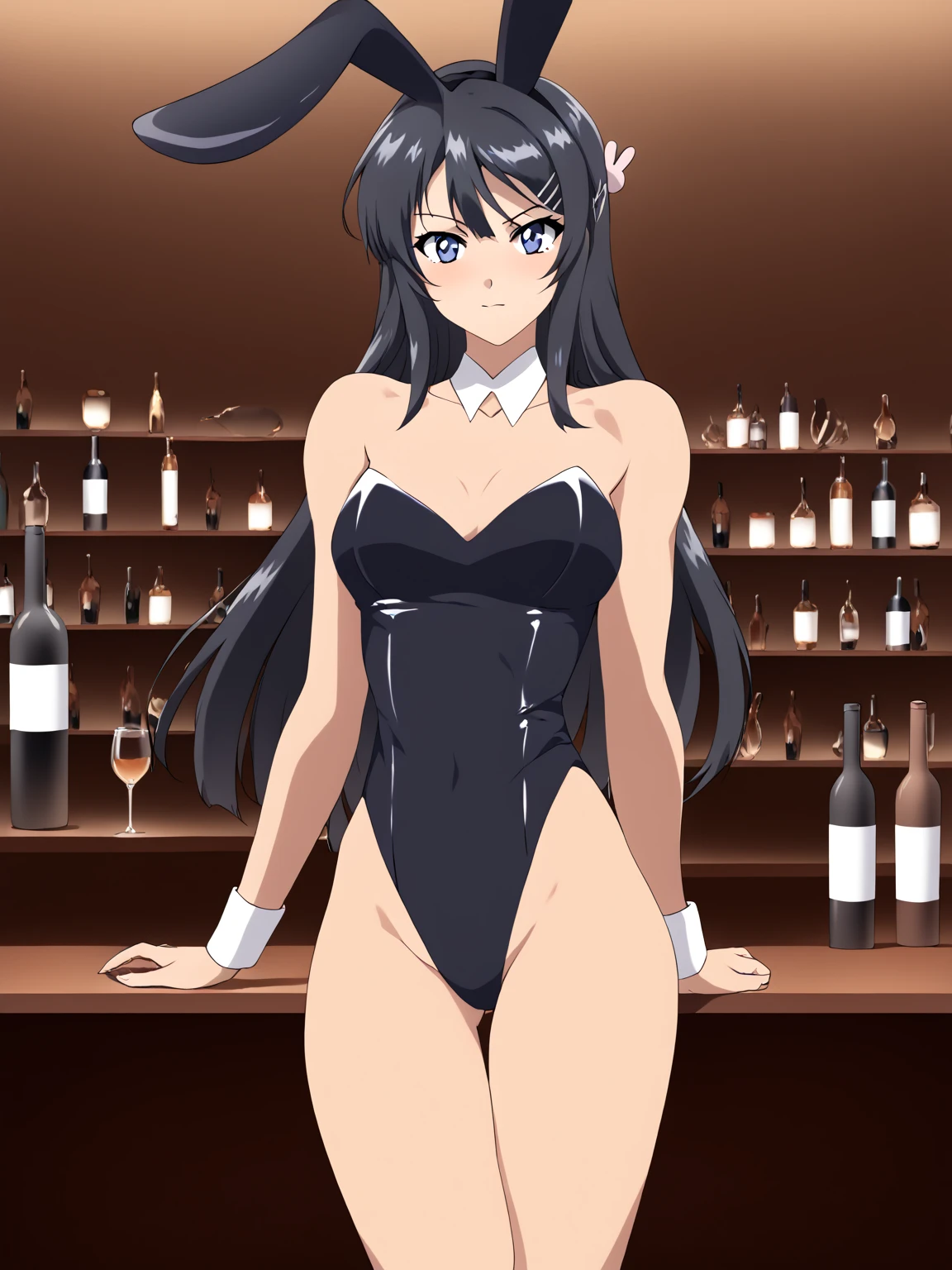 ((masterpiece)), (best quality), (ultra-detailed), best artist, realistic, 4k wallpaper, detailed face, (seductive smiling), ((1girl, solo)), ((black hair)), (elegant hair), (bangs), ((sexy)), glasses, (erotic:1.2), (wrist cuffs, playboy bunny, leotard, thigh highs, fake bunny ears:1.4), dominant and intimidating, seductive, long eyelashes, lipstick, (parted lips, seductive smiling), large breasts, thick thighs, skindentation, standing, cowboy shot, looking at viewer, indoors, bedroom, from below, oiled skin:0.4, (shiny skin), ((correct composition))