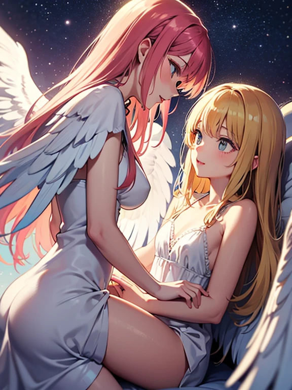 (((masterpiece))), ((best quality)), ((ultra-detailed)), ((illustration)), dynamic angle, an extremely delicate and beautiful, (((extremely delicate and beautiful girls))), (((2girls))), ((((french kissing)))), (saliva swap), (((((detailed one-wing angel))))), (cathedral), (((extremely detailed silver hair))), (((extremely detailed pink hair))), ((jump into)), (((looking at each other))), detailed clothes, (((upper body))), ((both detailed faces)), highres, extremely detailed CG unity 8k wallpaper, ((extremely detailed beautiful eyes)), game cg, absurdres, delicate composition, ray tracing, HDR, shiny skin, ultimately-detailed, floating hair, lens flare, glitter, confused, half opening eyes, yuri , (nsfw:1.6),love, (tongue of ecstasy),emotion