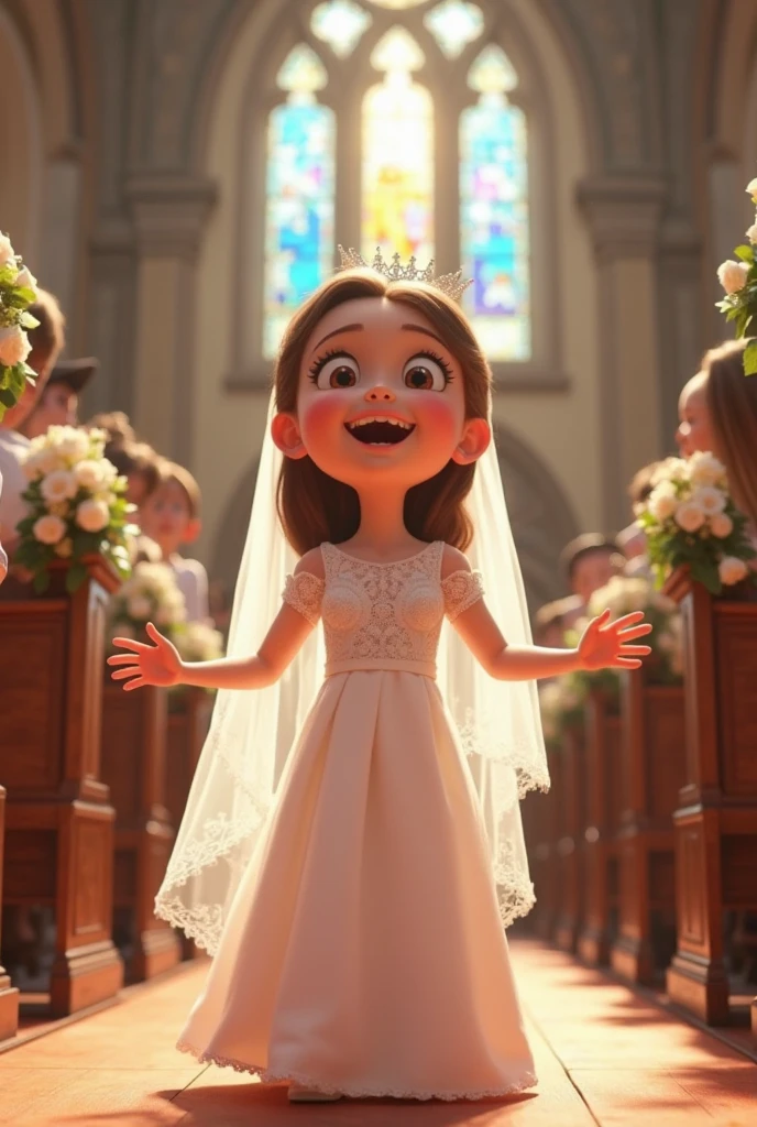 Bride with huge breasts in a bra waiting at the altar of a church to get married