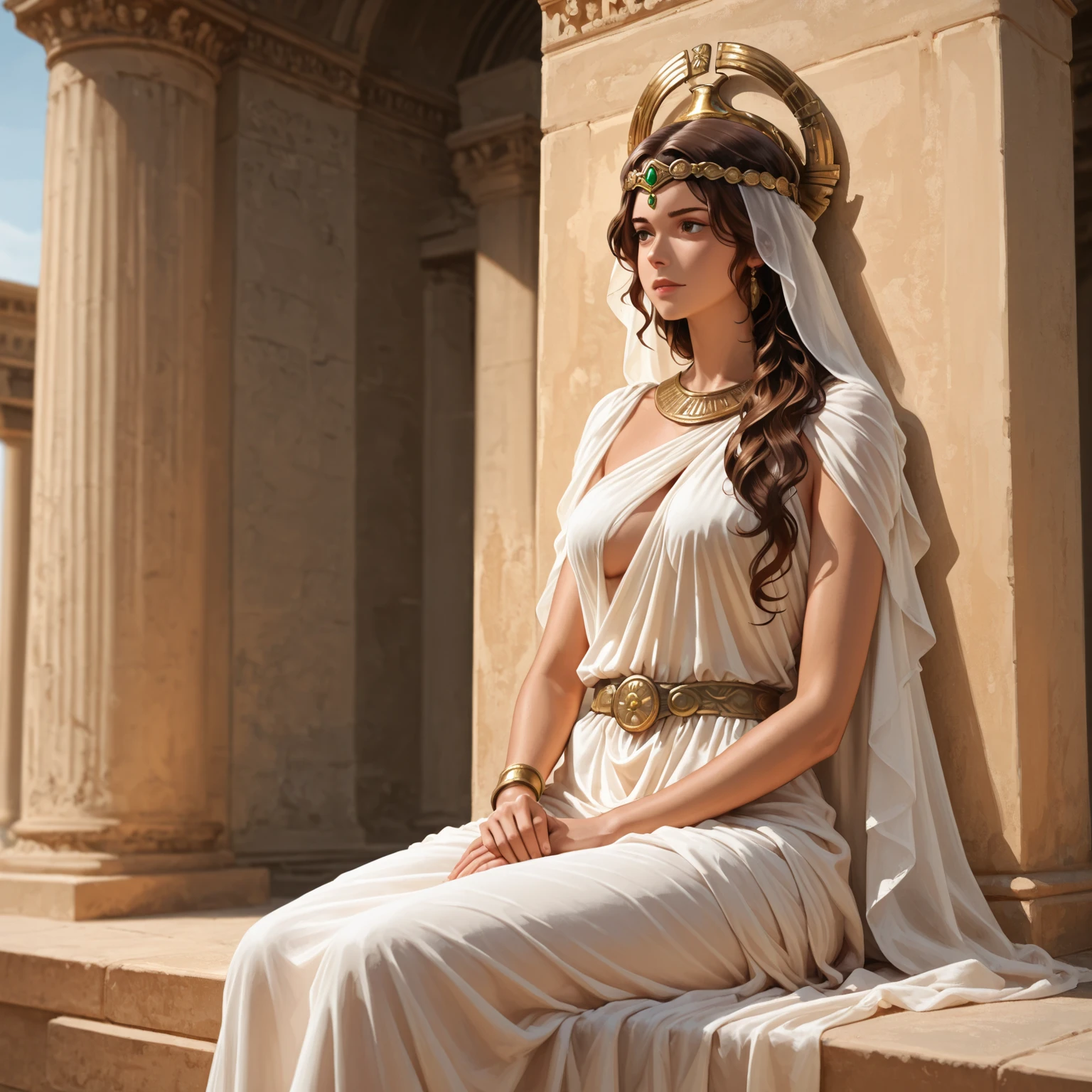 goddess of hearth and fire, with ((dark red hair)) and ((dark red eyes)), is fair-skinned, wears a long white greek toga and a white veil, looks mysterious and beautiful, inside of an ancient greek temple, "holy fire of vesta", Greek mythology, sacred atmosphere, photorealistic, super high quality, super detail, ultra accurate description of precise hands, masterpiece, 8K, HDR