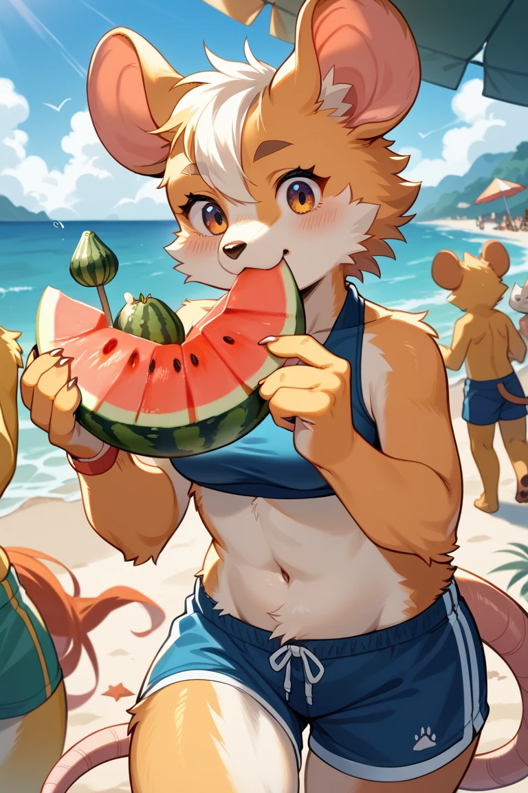 Fox boy 12-14 years old on the beach. He wear crop top and black underpants, he eat ice cream.