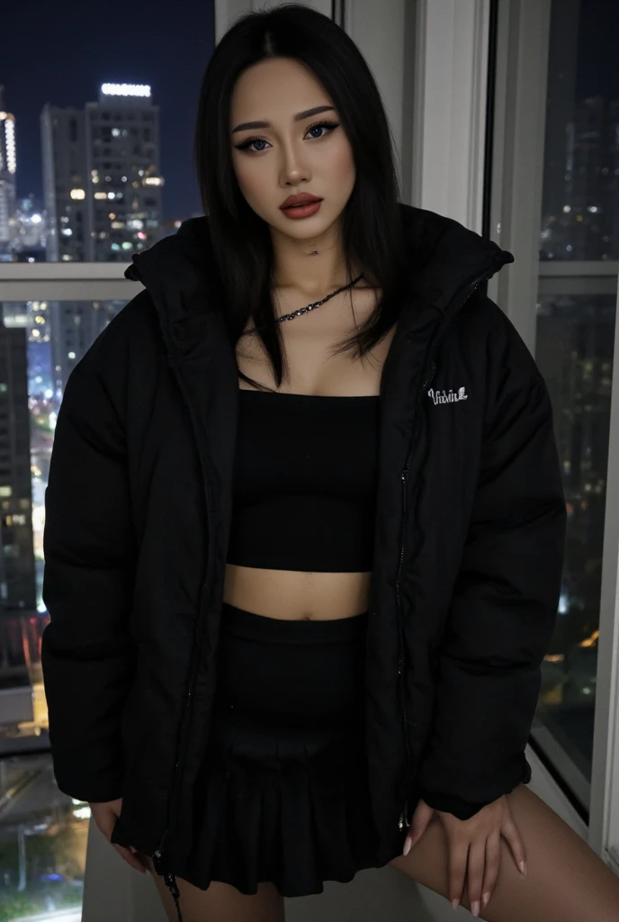 Beautiful asian 16 year old girl, black shiny north face puffer jacket, satin adidas tracksuit pants, sexy pose, large breasts, blue silk bra