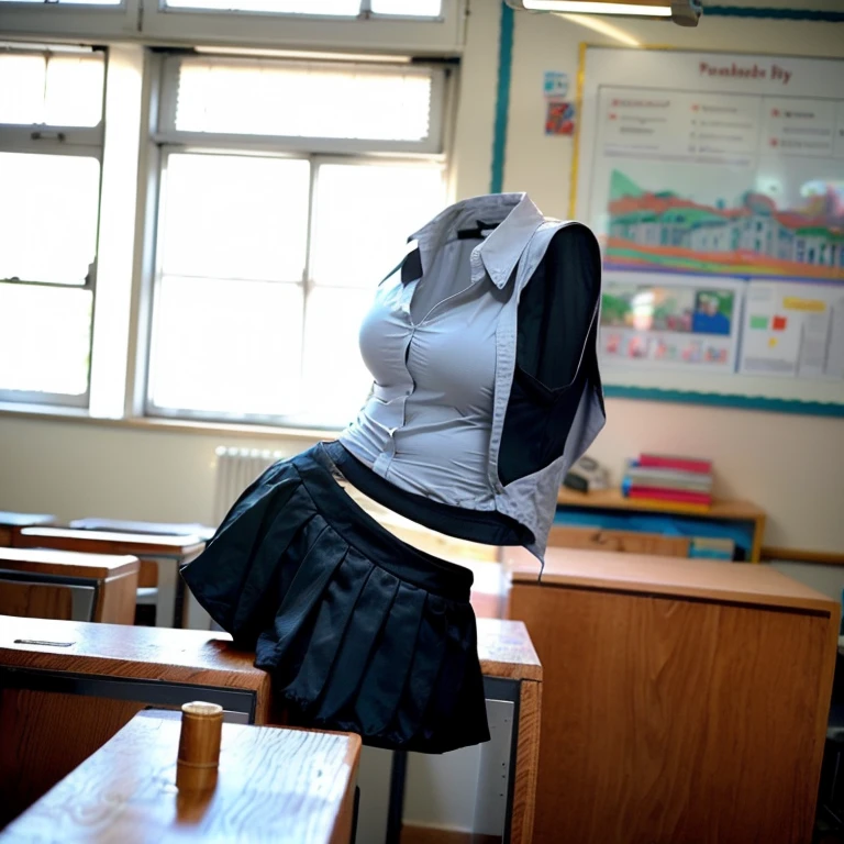 frilled blouse, long sleeve, (seiza), school uniform, leggings pants, (invisible, no humans, headless, faceless:1.5), cute big breasts, very huge breasts