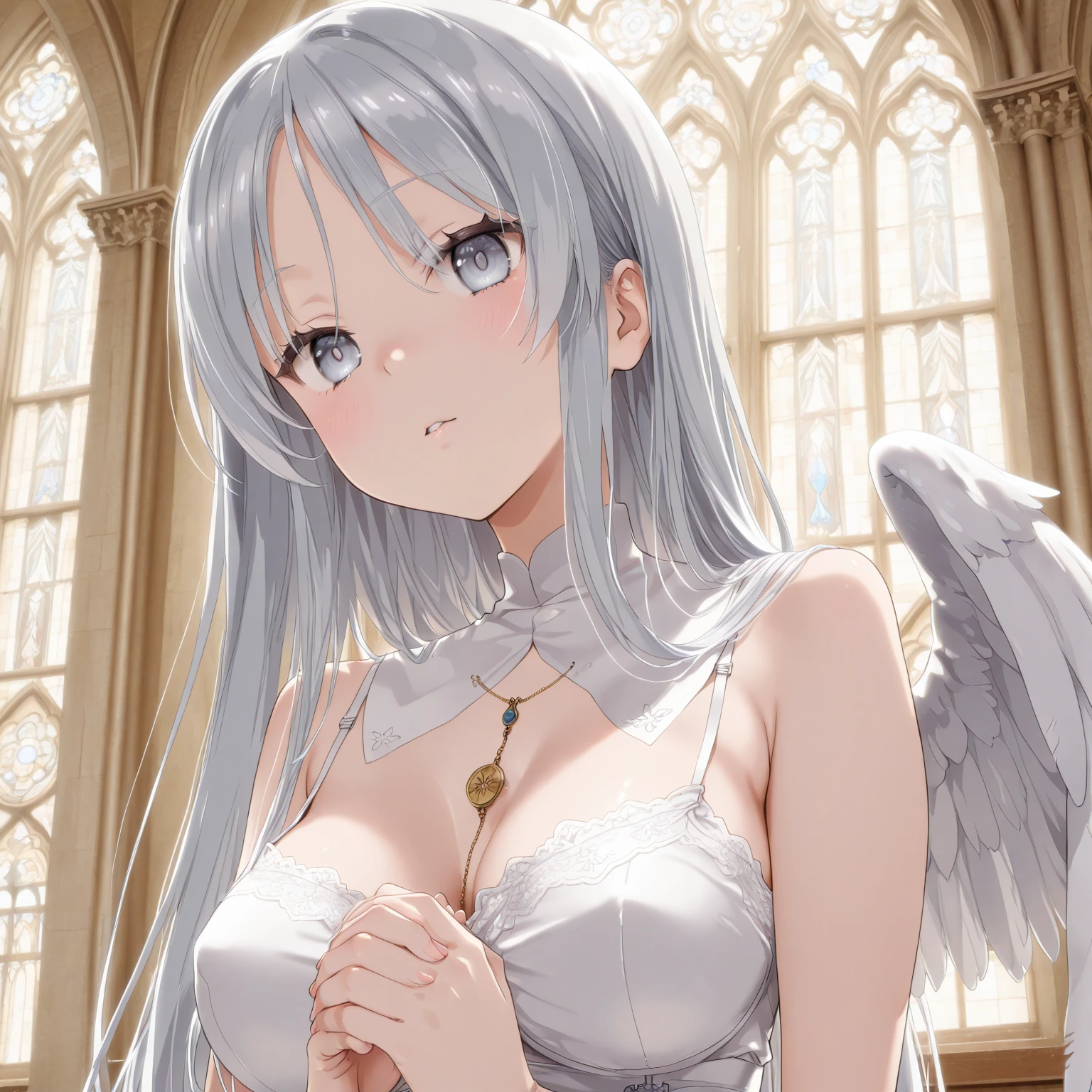 (White Wings,Angel:1.2),(Falling white feathers background:1.1)， （（masterpiece））， （detailed：1.4），Realistic、 Beautiful Woman Images，High resolution（High Dynamic Range），Ray Tracing，NVIDIA，Super Resolution，PBR Textures，Post-processing，Anisotropic Filtering，Maximum depth of field resolution and crisp layer textures，Albedo and Specular Maps，Surface Shading，Accurate simulation of material interactions，Perfect balance，Rendering with Octane，2-color light，Large Diameter，Low ISO，White balance，Rule 3 points、8K raw data、Backlight、Beautiful white and shining skin、Gray hair that changes with light、Long bangs obstruct the view、Highlights of cheek luster、Sexy and very beautiful and adorable face、The most beautiful face in the world、Super long and gorgeous white hair、Smooth straight hair、WHITE hair fluttering in the wind、big, light blue eyes shimmering、Beautiful Bangs、Beautiful cute girl 25 years old、Beautiful halter neck dress、((sideboob:1.4))