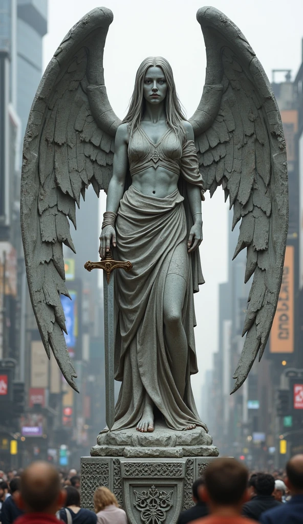The most detailed high resolution shot on film, statue of an angel that is futuristic and is made of concrete (sword in hand) An angel statue designed by Rick Owens.