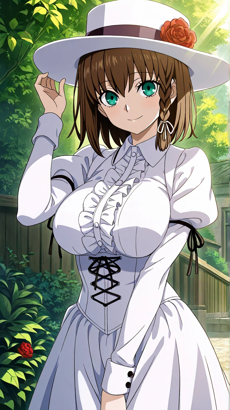(((White panties))), Down blouse, (Nipples are visible:1.3), Bruises,One girl,Green Hair, bangs,Hair between the eyes,Side Ponytail, Purple eyes, Black choker, clavicle, No sleeve, Black Dress,No sleeve dress, Halter neck,Pleated skirt, Black gloves, Half-closed eyes, Expressionless, smile, Outdoor, View the viewer, (masterpiece,Highest quality:1.0),Browsing Caution,