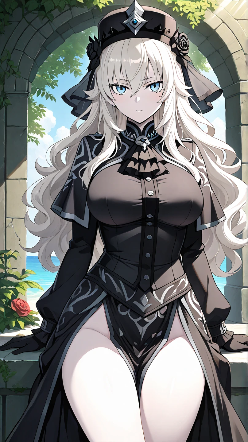 Hood \(warship girls r\),((masterpiece)),(((best quality))),((ultra-detailed)),((illustration)),((disheveled hair)),((frills)),(1 girl),(solo),1girl,animal,bangs,bare shoulders,black dress,black flower,black footwear,black legwear,black ribbon,black rose,blood,bouquet,breasts,camellia,cat,cleavage,closed mouth,clothed animal,collarbone,dog,dress,elbow gloves,flower,full body,garter straps,gloves,gradient,***,hair flower,hair ornament,high heels,holding bouquet,holding flower,jewelry,looking at viewer,medium breasts,pink rose,pubic tattoo,purple rose,red flower,red rose,rose,rose petals,rose print,shoes,solo,spider lily,spot color,standing,strapless,strapless dress,stuffed animal,stuffed toy,thighhighs,thorns,white cat,white hair,white rose,Black wedding dress,long wedding dress, under-rim eyewear,Blue eyes with highlights,Blonde long hair(delicate eyes),ahoge,