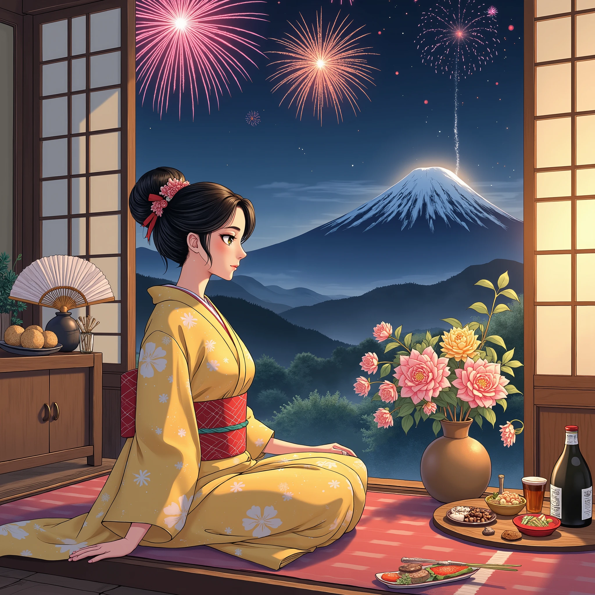 illustrations、Anime、Fireworks at night、Fireworks at night、beautiful 35 year old woman is sitting、  Yellow kimono with flower pattern 、Japanese Women、Japanese-style room、pine tree、meters. Fuji、  Beautiful flowers in a vase 々 、Japanese fan、 woman has big breasts  、 Japanese sake 、Snacks、