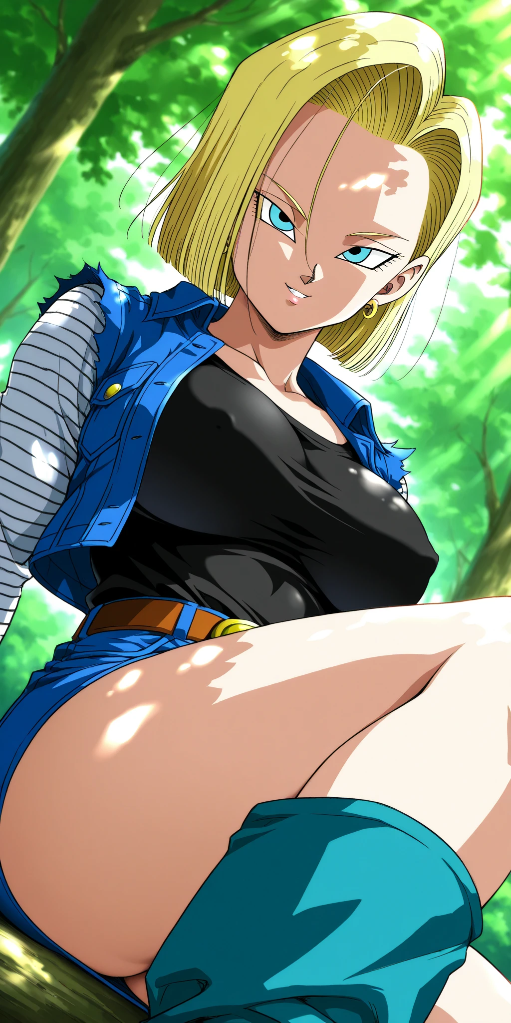 Hyper detailed image, UHD, 16k, professional photo, (Realistic photo of Android-18 From Dragon Ball Z) girl Goddess of beauty, very straight short blonde hair, serious face expression, ((she wears a blue denim jacket and a cropped white shirt, short white underground showing flesh of the breast)), erotic, open denim jacket showing her impressive, beautiful and perfect big breasts, ((natural sagging breasts, breasts, ultra giant pointed long breasts sticking out of the jacket)) full breasts, body big skinny, curvy, pert ass, she wears a belt and a (((blue denim skirt raised she doesn't wear panties, pussy showing, pubic hair showing, lifting her skirt with her hand))), thick legs open, grinning showing thong stuck in pussy, flexible body, brown boots, perfect hands and fingers,
android 18, sexy saiyan girl, she releases blasts of power, ki, Official Art, Android-18 Sexy female, official art of the character, sexy female protagonist, curved body, thin and toned, legs open, exposed, micro thong threaded into her pussy:8, Akiri Toriyama, Director: Akira Toriyama, Bulma from Dragon Ball, Best Anime Character Design, Style Akira Toriyama, unique character beautiful, semi-nude, (great lighting) (pussy, Pornography, pubic hair), ( without panties showing pussy)