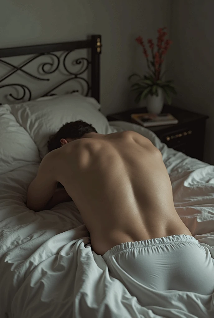Crazy man, cute and attractive, perfect body anatomy, attractive muscular body, messy, beautiful and sweaty body  , and he is wearing very transparent, dirty white shorts, marking the large volume in front of the bulge, is lying in the middle of a bed in the dark night dirty slum  , trash everywhere , pig  , wet underwear transparency , hard penis , seen up close , thick large penis, thick large penis , jacking off, masturbating his penis , hand holds his penis 