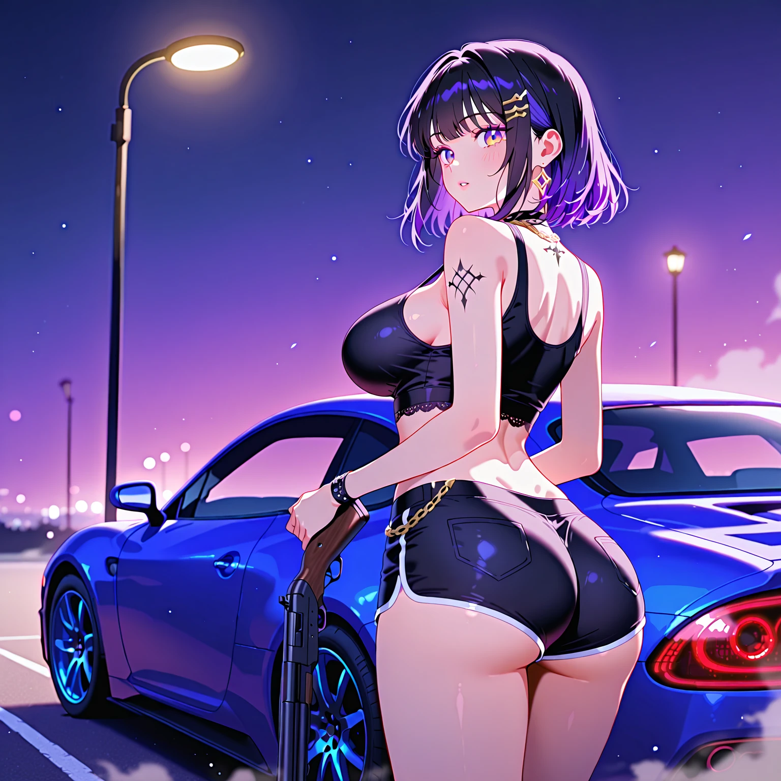 Draw a couple having explicit anal sex in the car. Amanda, a female character with short brown hair and brown eyes. Her breasts are small and very perky, slim waist and an amazing big ass. She is having oral sex inside the car on a man with short purple hair. She puts the man's penis in the woman's ass, holding it with both hands, giving a very tasty blowjob. Sensual explicit anal penetration. Anapeado sex. Completely naked with a penis in her ass. sex from behind. Completely dilated and broken ass smeared with sperm. view from behind.