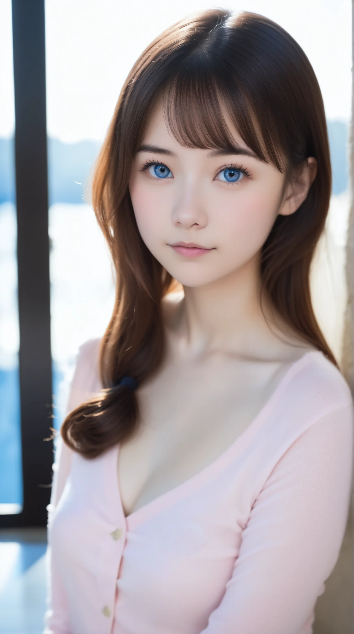 high school girl, solo, , 金My hair_My hair, Blue_eye, small cute nose,  look_in_viewer, Closed_mouth, side lock, long_My hair, super realistic, 8k, very detailed, photorealistic, 仁王立ちin腰に手を当てる:1.5, 