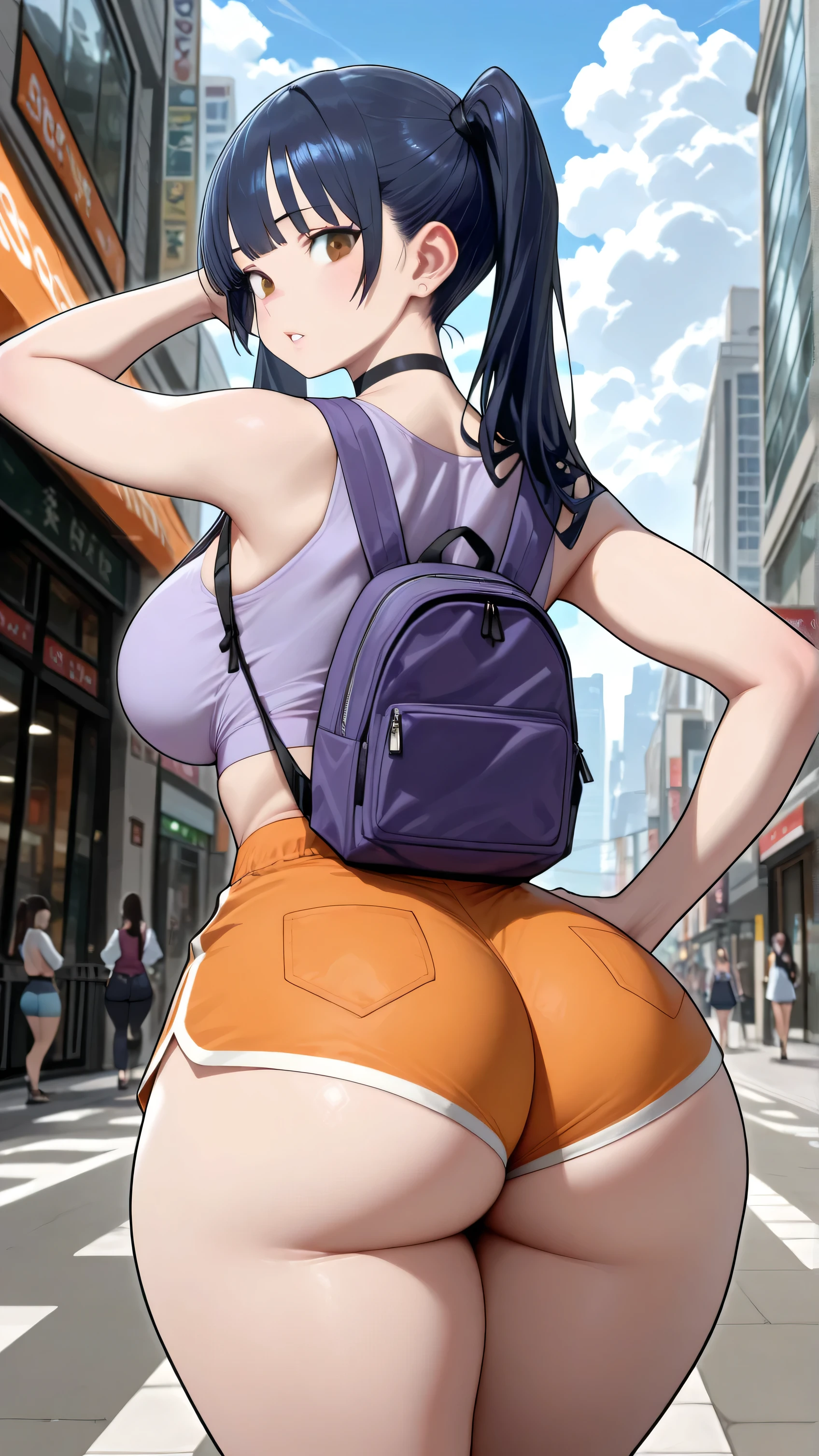 Akeno Himejima, 1girl, (((bimbo))), purple hair, purple eyes, ear rings, (((bimbo))), puffy lips, painted lips, thick lips, smile face, wide hips, thick thighs, huge round ass, huge natural Hitomi Tanaka breasts, blue jeans, leather jacket,
