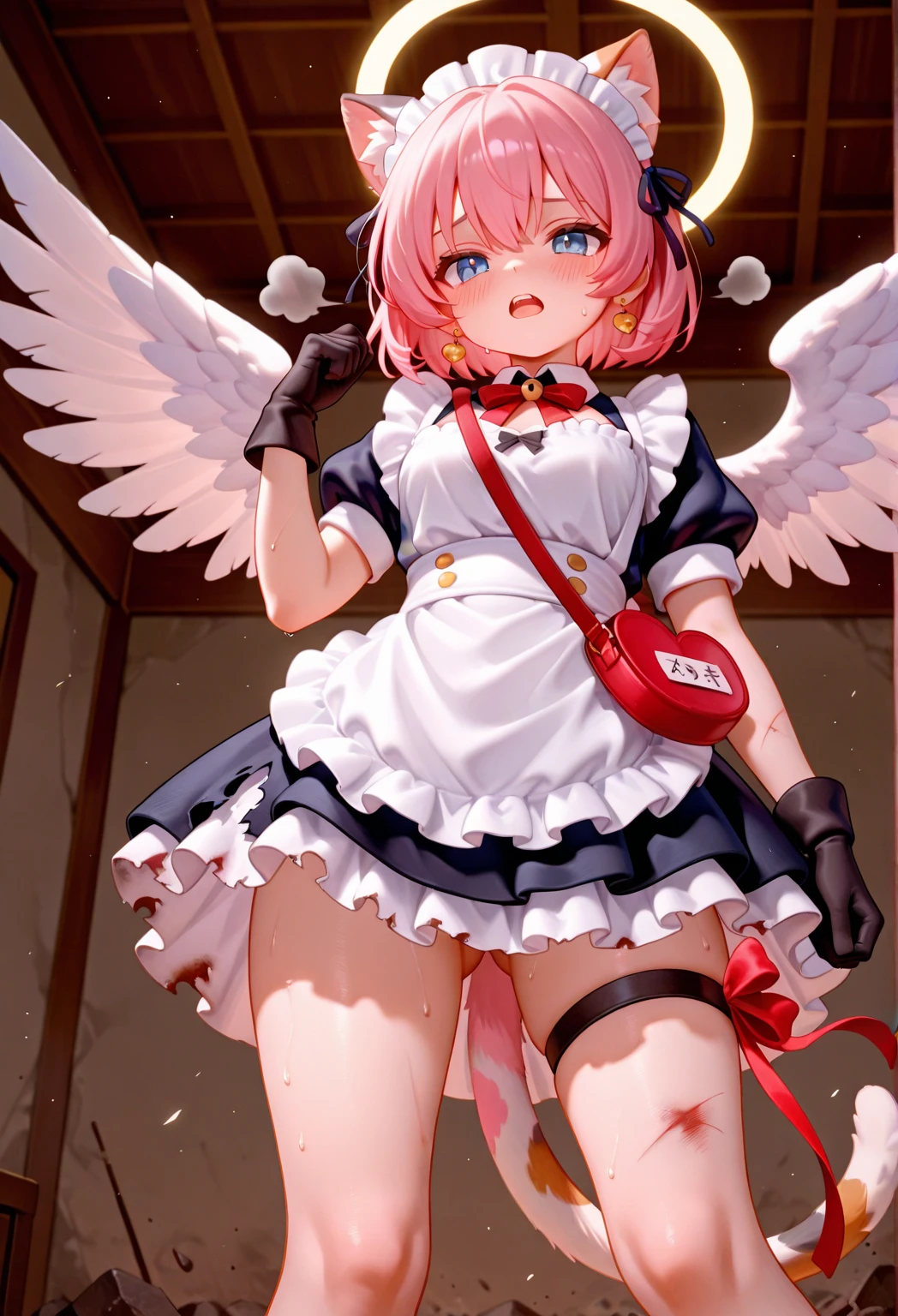 female, pink short hair, red eyes, (((1girl))), (((black maid uniform with white frills))), (white apron), (white thigh high socks), (black heels), demon tail, demon wings, cute and sexy, full body, modest breasts, modest butt, long legs, smiling
