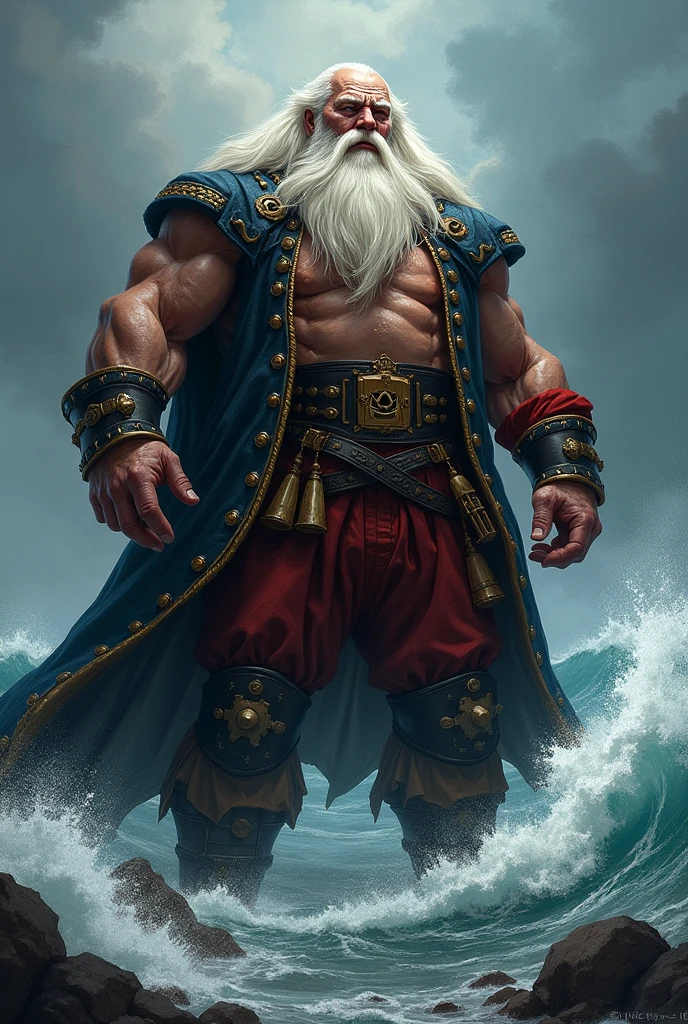 Extremely detailed and ultra-realistic CG portrait of Whitebeard, the legendary pirate, featuring his iconic white mustache and beard, scarred face, and serious expression. Dynamic camera angle and lighting, with an emphasis on shadow and contrast, to highlight the character's rugged and imposing presence. Surrounding scene includes a vast ocean, imposing mountains, and turbulent weather to conjure up a sense of adventure and danger.