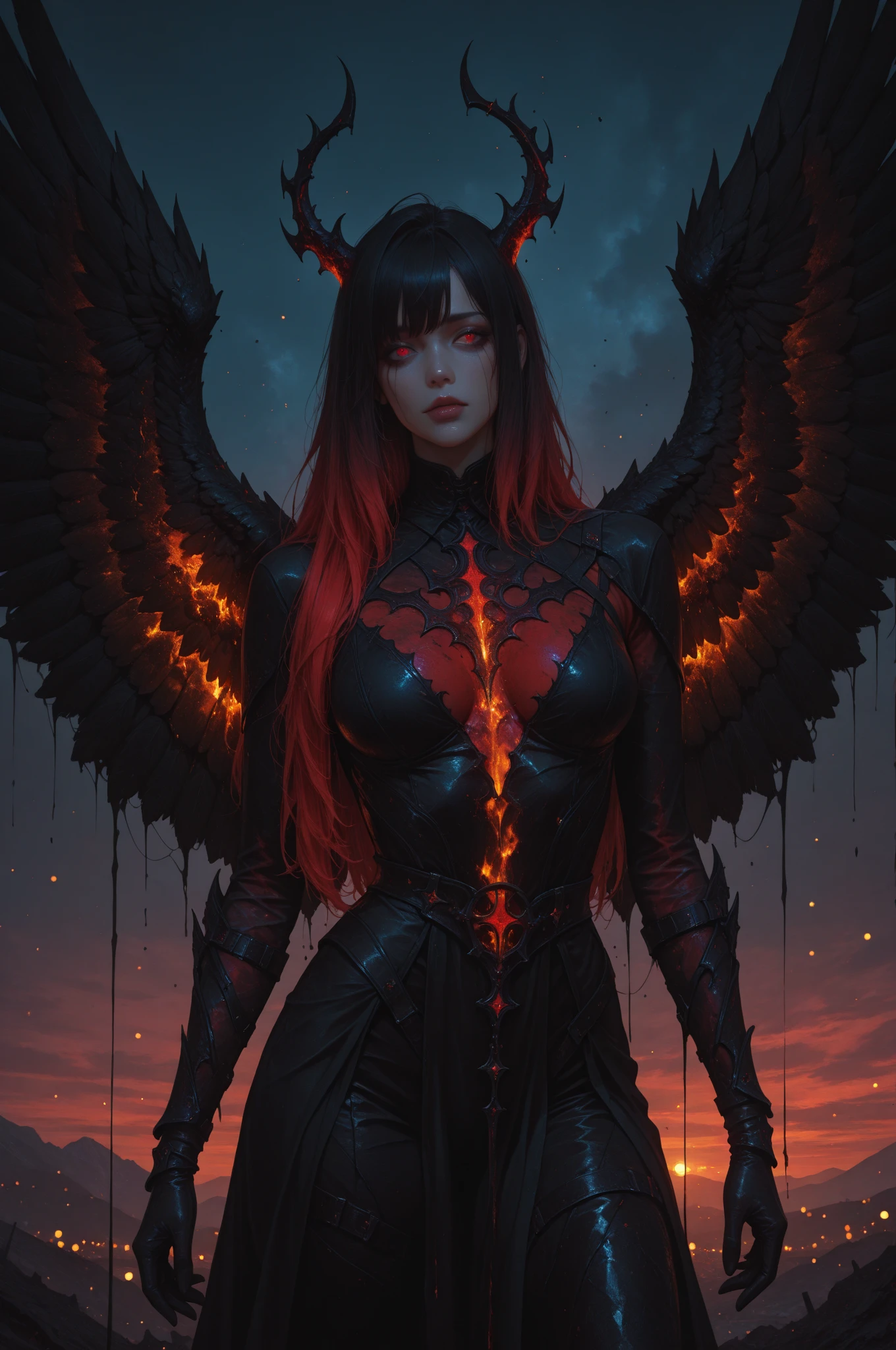 red evil fallen angel demon, with beautiful and huge wings, in apocaliptic city in flames