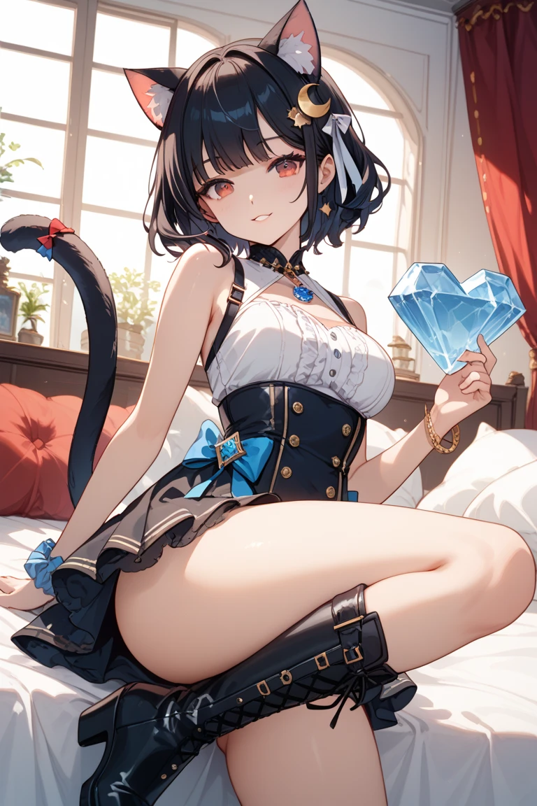 masterpiece, best quality, ultra-detailed, illustration,(1girl),beautiful detailed eyes, looking at viewer, close up, big breasts, black fur, shy, cat ears, furry, yiff, anthropomorphic animal, black tail, spread legs, showing, focus)