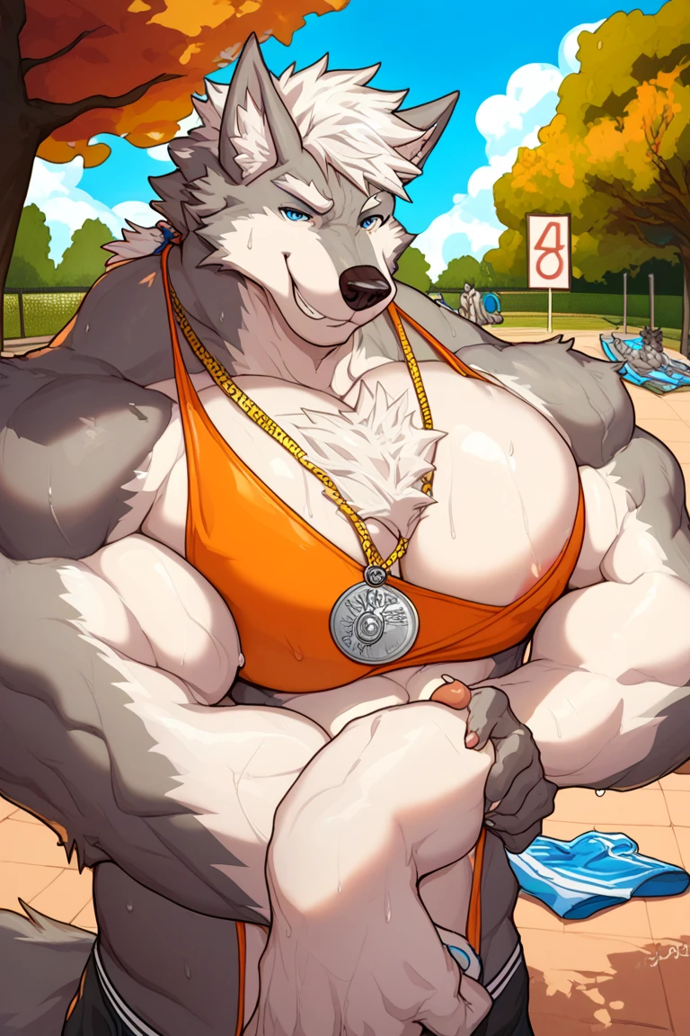 solo, 1boy, Huge Muscular White Polar Bear wearing sunglasses, gold chain necklace, huge white fur, pectoral, huge pectoral, wide pectoral, short white hair, blue speedo trunks and shirtless and topless, white bearded, white Mustache, white fur, shiny body, summer mansion background, masterpiece, high detailed, 8k, high resolution, at the pool, flexing his huge body