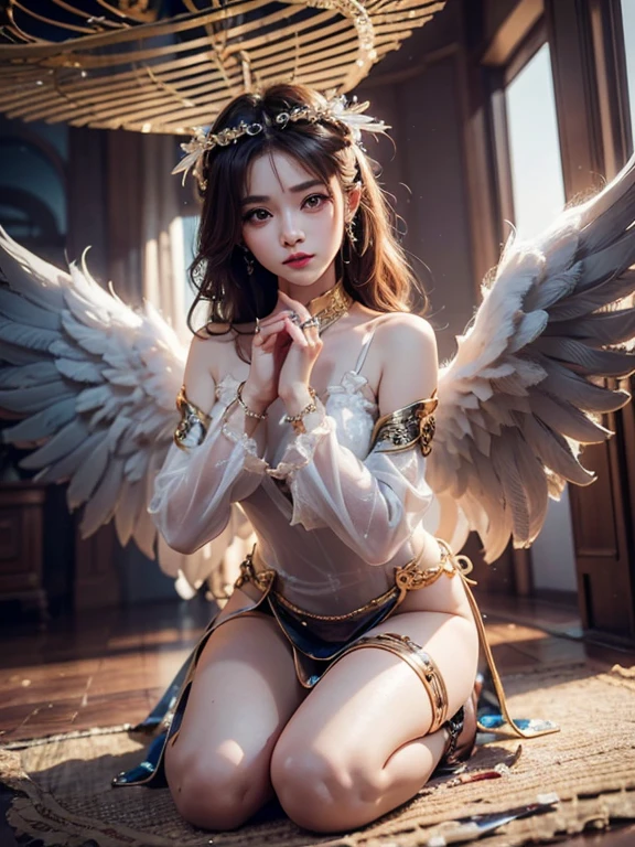 （8K，Best picture quality：1.2），（tmasterpiece：1.37），（photore，realisticlying：1.37），（超高分辨率），realisticlying，photographed，((Meticulous facial features))，A half body，Lolita Costume Outfit，Beautiful design，Shiny，huge tit，Slim body，(the angel's wings)，undergarments，belly-bar，complex，Korea（High quality background inside ruined church empty at night) , (high detal) , 电影灯光