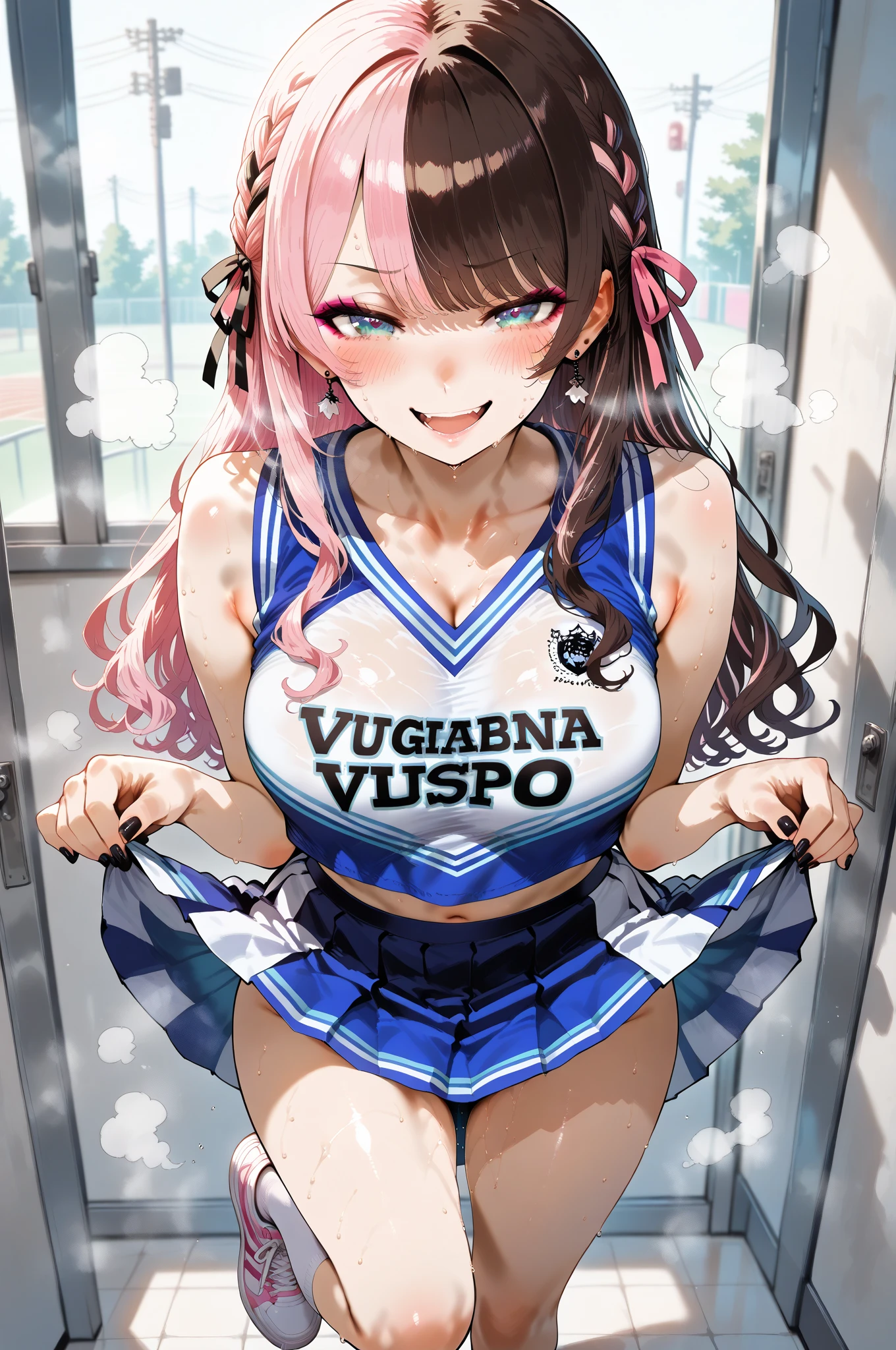 Score_9, score_8_up, score_7_up, score_6_up, score_5_up, score_4_up, source_anime, ganguro, gyaru, solo, 1girl, Yamanba, makeup, tan skin, whore, prostitute, Mature female, huge breasts, wide hips, thick thighs, upper body, BREAK gyaru mama, cheerleader, clothes writing, crop top, sleeveless shirt, midriff, miniskirt, pleated skirt, holding pom poms, walking, sideview, pink lips, long eyelashes, pink eyeshadow, looking at viewer, pov, outdoors, tokyo \(city\), night time, blurry background, city lights, neon lights, covered nipples, bracelet, seductive smile, collarbone