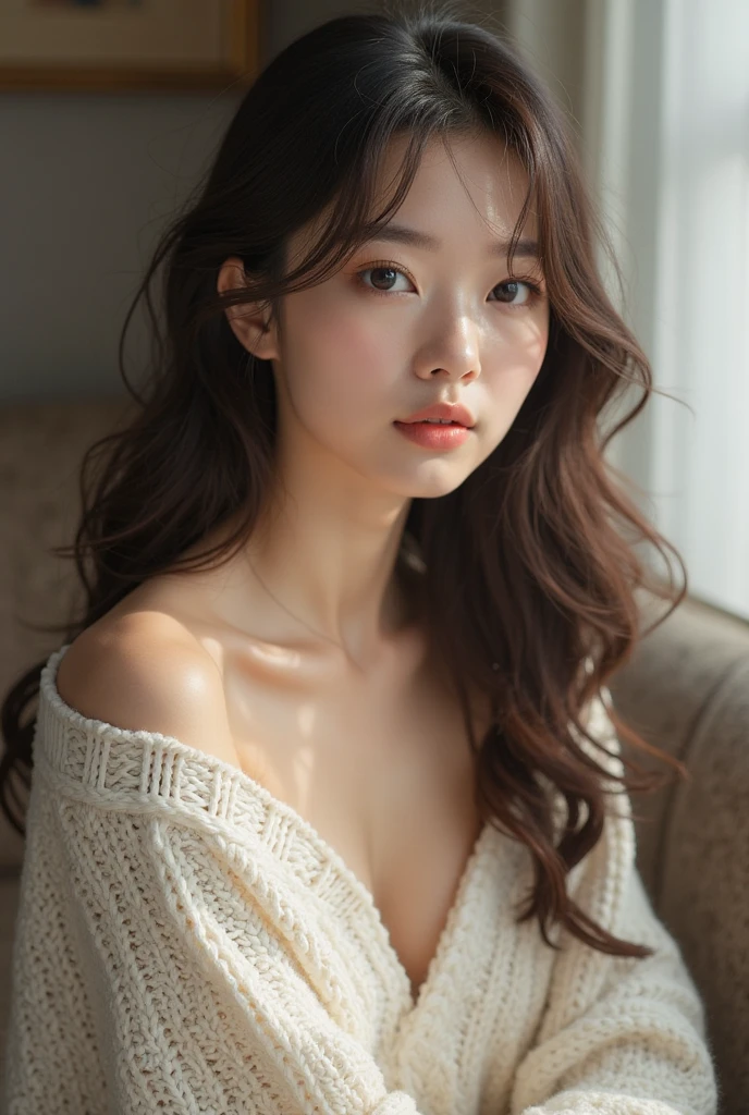 Realistic photos of cute Korean stars, I slicked my hair back., White skin, Her chest size is 32 inches, Wear a sweater, In a stone house, Close-up portrait, Ultra-high resolution