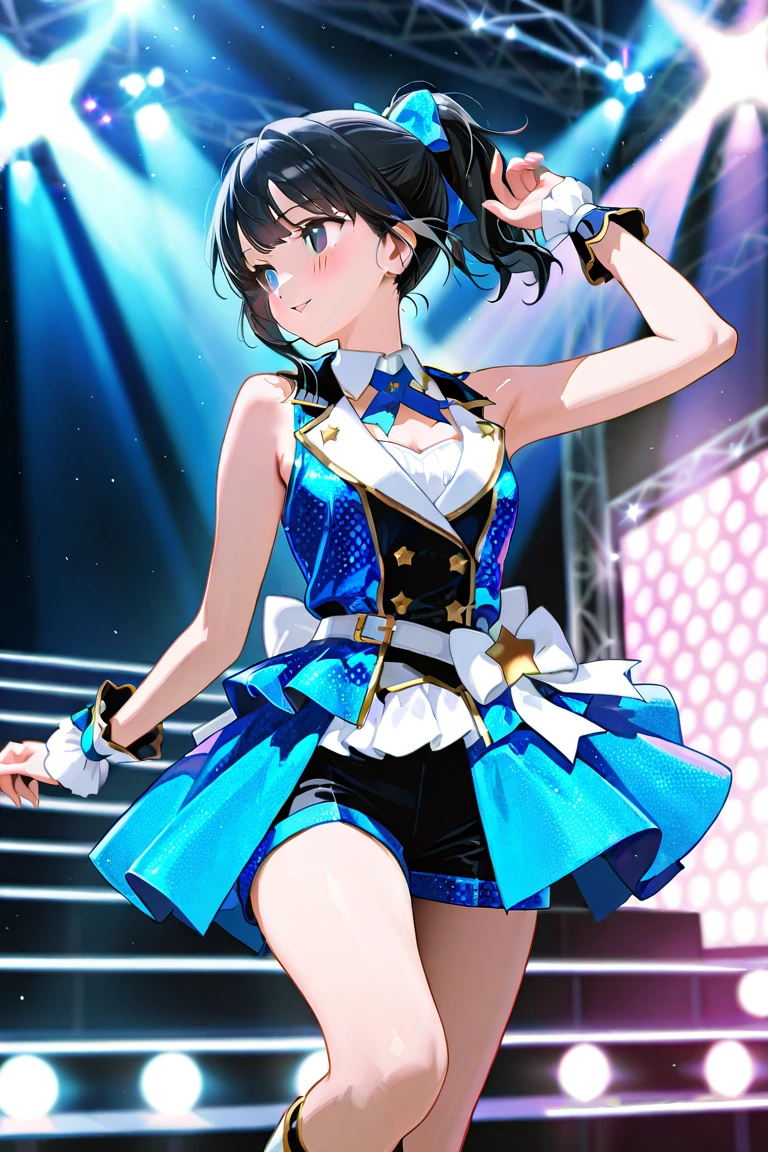 high quality, muste piece, idol uniform, 1 girl, solo, stage, dancing, seductive smile, have a microphone, many audience