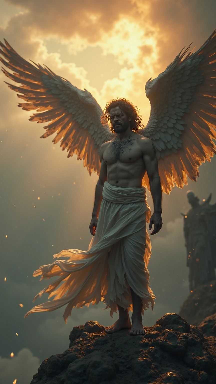 Generate an image of a Greek man, winged, with dark hair and a sad appearance