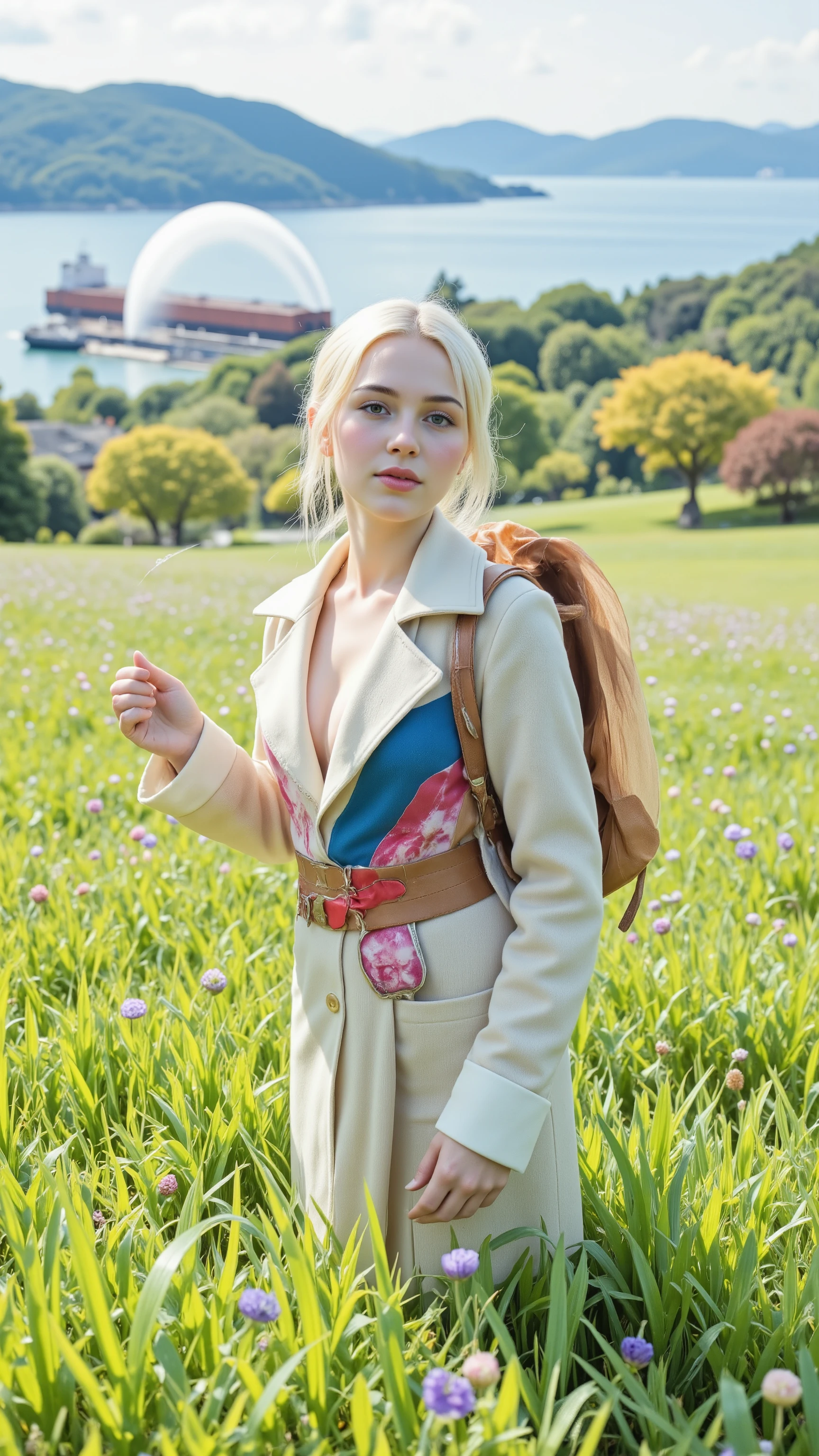 highdefinition images,in a 赤いバラのfield、Beautiful woman in 青いドレス姿（face details、）stands and looks at the camera,Kobe Botanical Garden、a hill where you can see the sea and the fountain、a tanker can be seen in the ocean、全身highdefinition images、