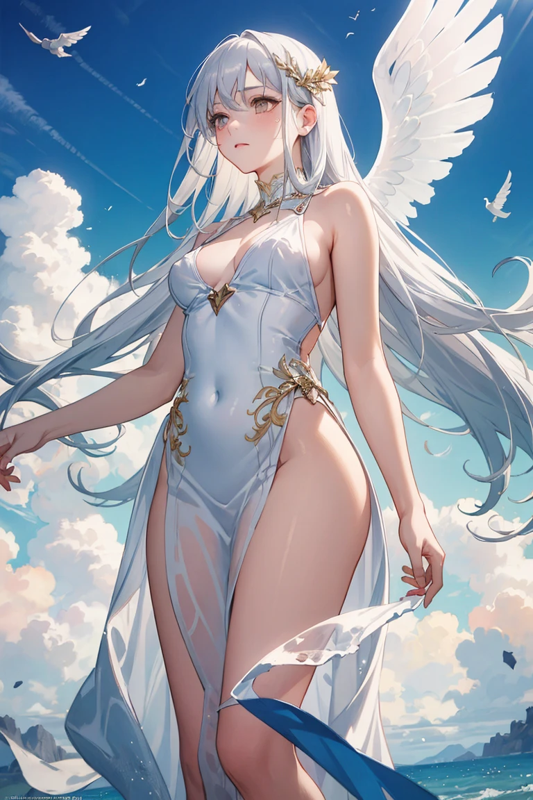 Jessica-Degg, solo, 1girl, angel blue gradient wings, white and gold robes, halo