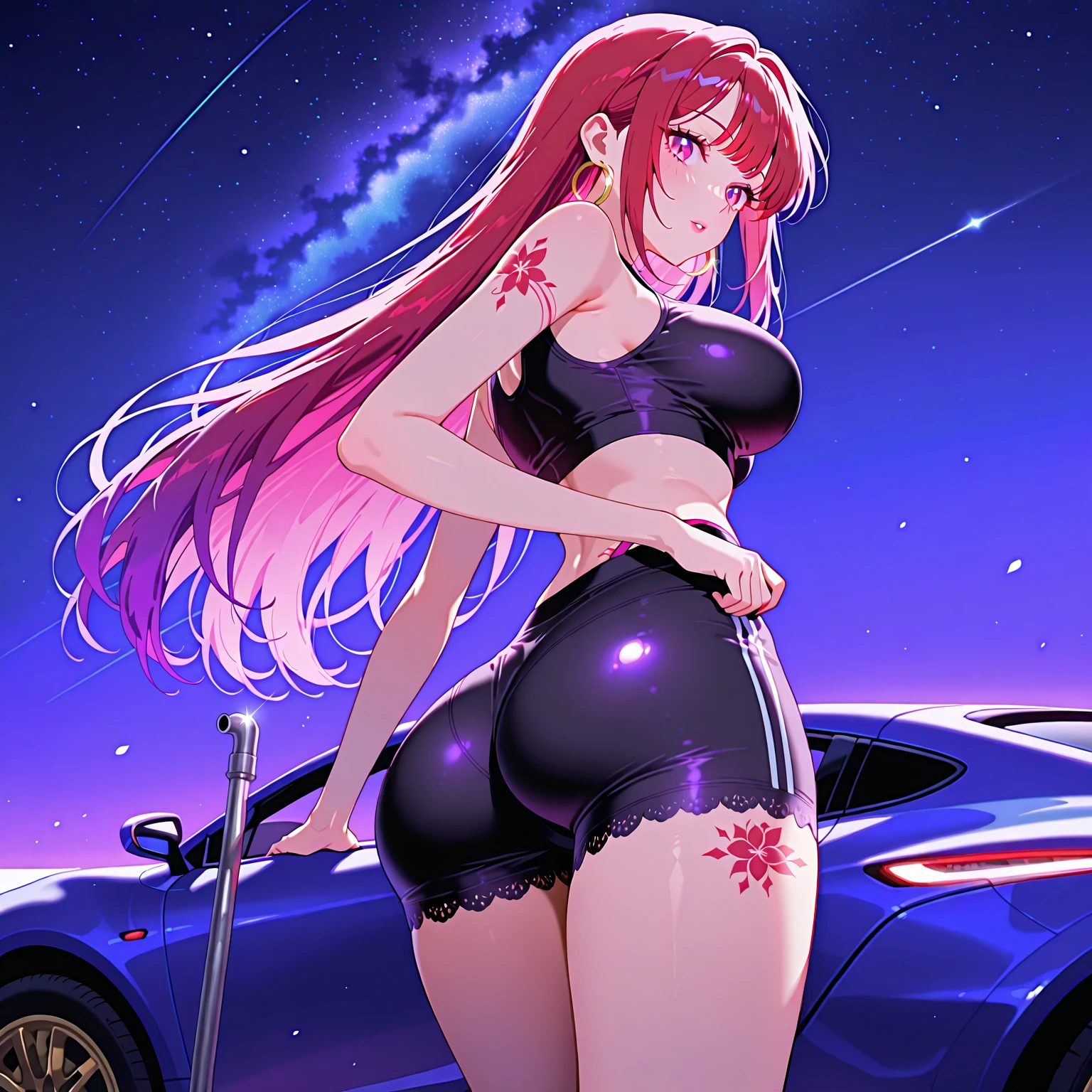 (((masterpiece))), (((best quality))), ((ultra-detailed)), (highly detailed CG illustration), ((an extremely delicate and beautiful)),(())
 <lora:evening_gown:0.7>evening gown, 1girl,full body, bare foot,foot,foot focus, breasts, heterochromia, horns, long hair, dress, solo, pointy ears, blue eyes, large breasts, cleavage, black dress, looking at viewer, night, blush, plunging neckline, bangs, red hair, purple hair, bare shoulders, very long hair, purple eyes, railing, smile, nail polish, night sky, choker, thighs, collarbone, sky, hair between eyes, sleeveless dress, closed mouth
<lora:add_detail:0.45>