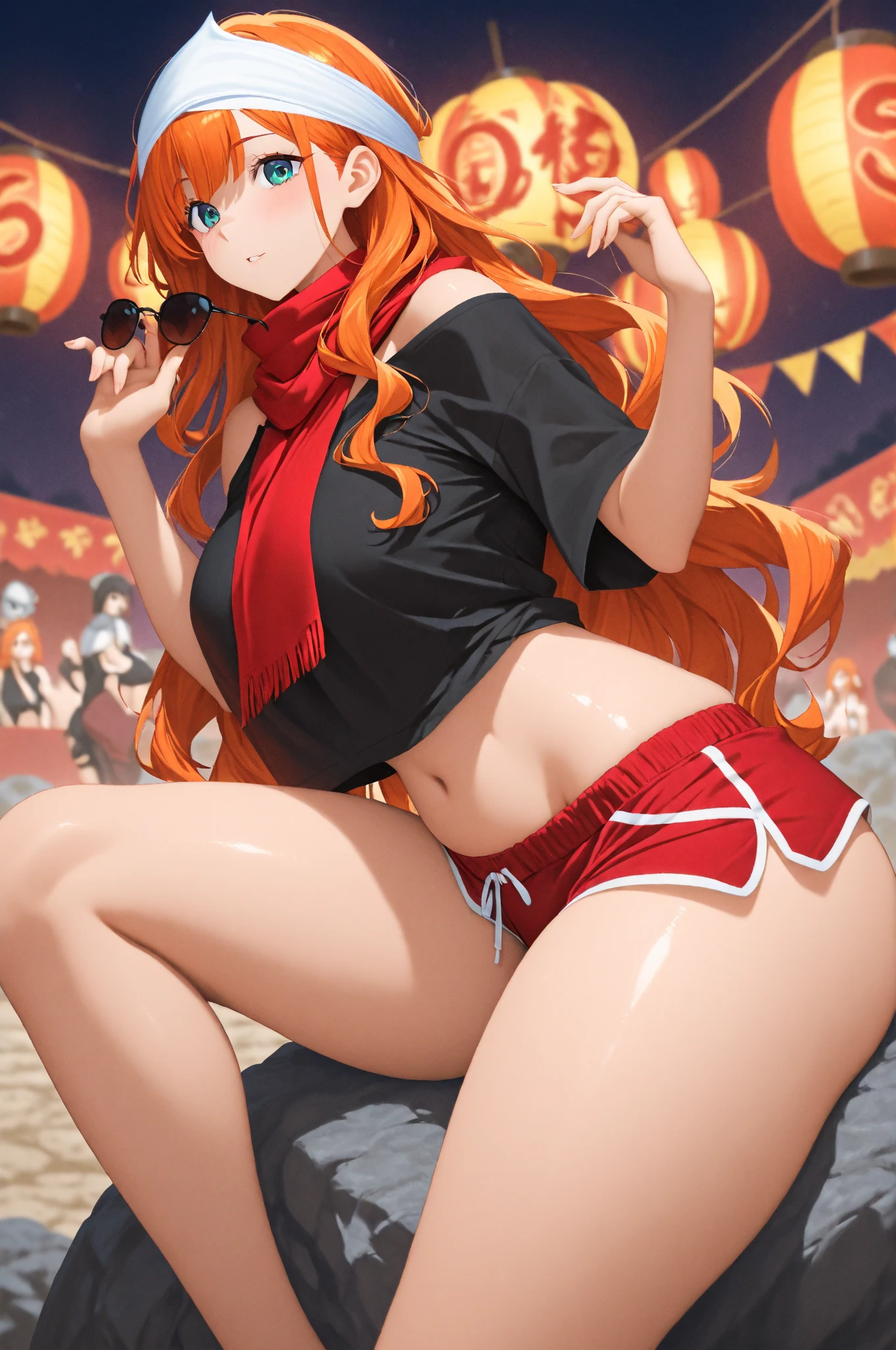 Mature woman, anime style, masterpiece, 4k, high-res, (red hair long ponytail), ((glasses)), sexy clothes, beach scene at night, (((petite hands)))