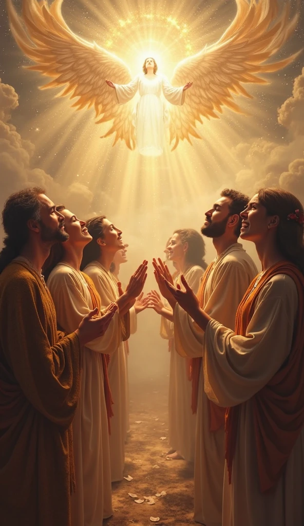 "Create an inspiring and uplifting image depicting the Holy Spirit actively working in the lives of people. Show a scene where the Holy Spirit is symbolized by a radiant, ethereal light or a dove descending gently upon individuals in a diverse group. The people, representing different ages and backgrounds, should be shown experiencing moments of transformation, guidance, or comfort. The light or dove should be emanating a soothing and powerful aura, casting a warm, divine glow over the individuals. Incorporate subtle visual elements like soft rays of light, gentle halos, or glowing patterns to signify the presence and influence of the Holy Spirit. Use a serene color palette with soft blues, golds, and whites to create a sense of peace and divine intervention."








