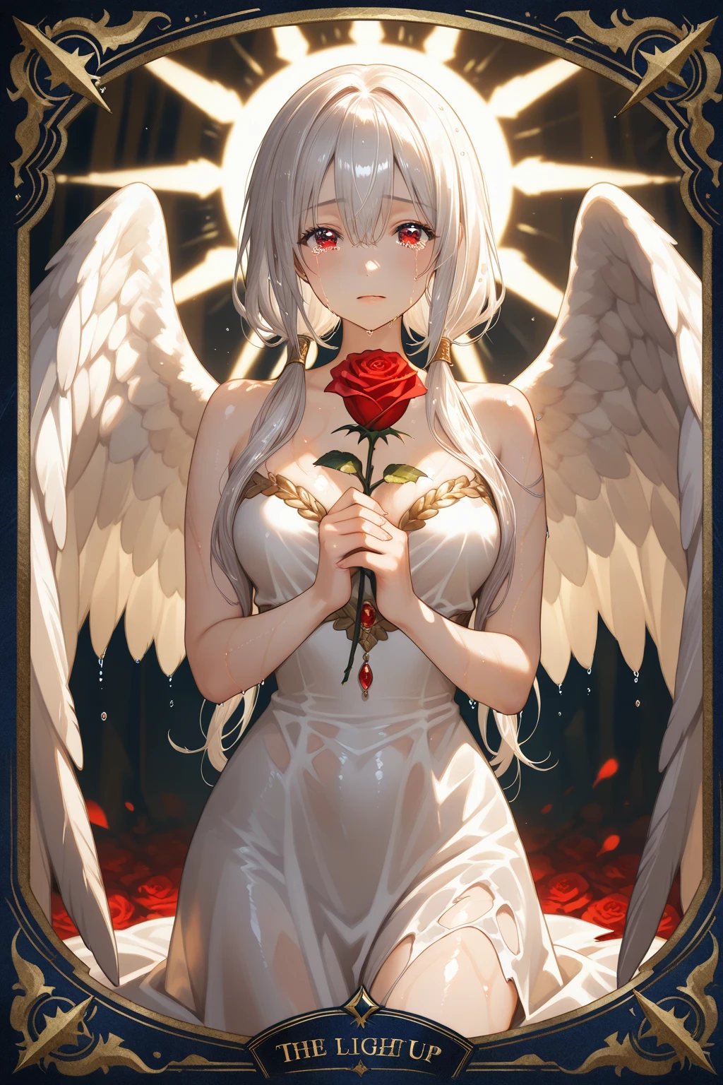 ((White Hair)), Orange Pink Eyes, Two-Tone eyes, ((Fallen Angel)), ((Flowers)), ((Petals)), ((Elegant)), ((Orange)), ((Crystals)), ((Love, Sad, Hearts)), ((Long Hair)), ((Angel, Angelic, Halo)), ((Goddess)), looking at viewer, ((Pale Skin)), ((Crying)), ((Sobbing)),((Seraphim)), ((Huge Wings)), ((Cloak)), ((Pain)), ((hurt))