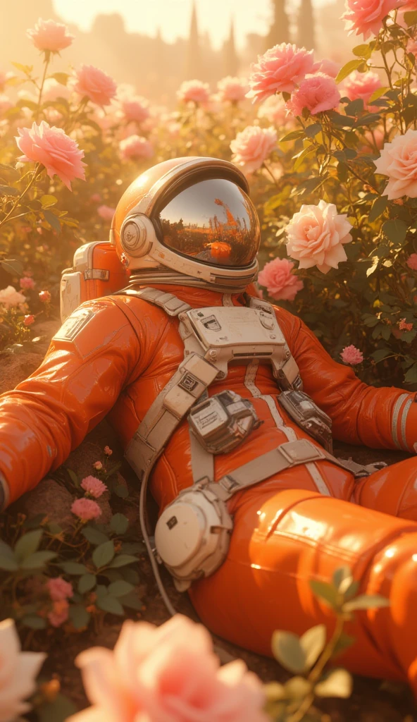 (masterpiece:1.3), (best quality:1.2), (intricate detailed:1.2), (hyperrealistic:1.2), (professional photograpy:1.1), highly detailed, absurd res, An astronaut laying down in a bed of millions of vibrant, colorful flowers and plants, photoshoot, 8k, no border, ornamental, galaxy background