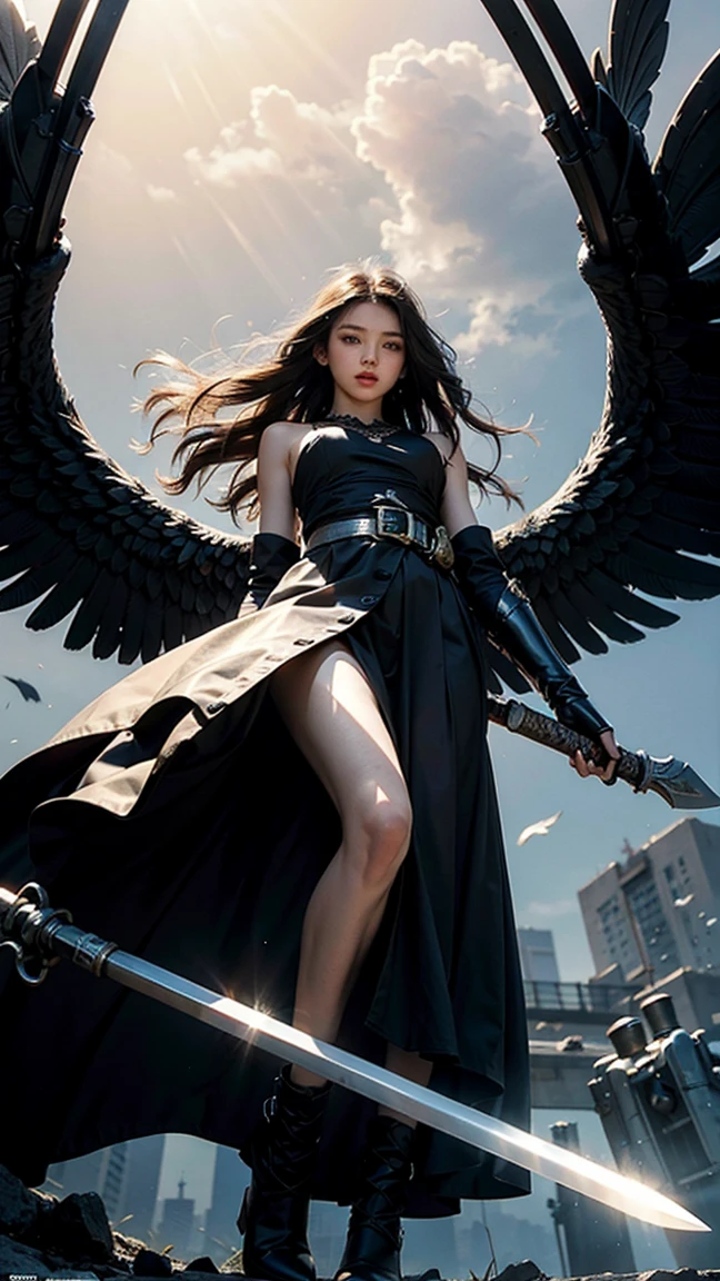 (((masterpiece))),best quality, extremely detailed CG unity 8k, illustration, contour deepening beautiful detailed glow,(beautiful detailed eyes), (1 girl:1.1), ((Bana)), large top sleeves, Floating black ashes, Beautiful and detailed black, red moon, ((The black clouds)), (black Wings) , a black cloudy sky, burning, black dress, (beautiful detailed eyes), black expressionless, beautiful detailed white gloves, (crow), bat, (floating black cloud:1.5),white and black hair, disheveled hair, long bangs, hairs between eyes, black knee-highs, black ribbon, white bowties, midriff,{{{half closed eyes}}},((Black fog)), Red eyes, (black smoke), complex pattern, ((Black feathers floating in the air)), (((arms behind back))),medium breasts