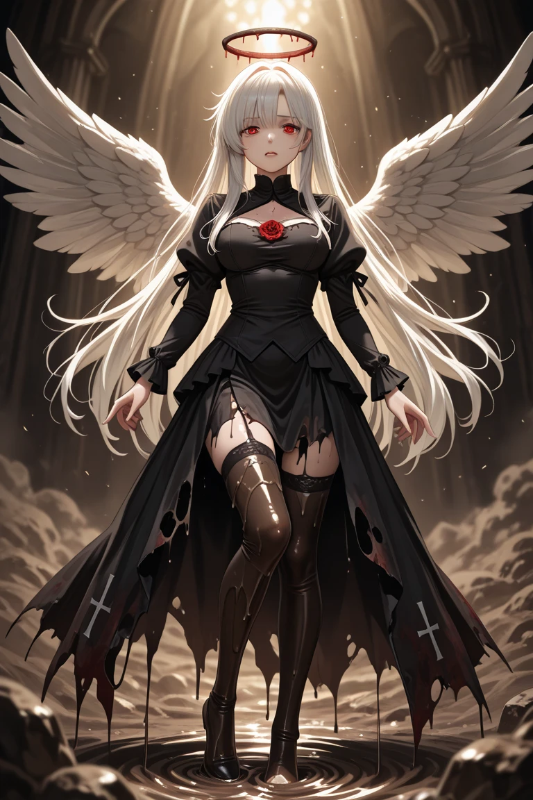 Grey skin, blood halo, angel, rare, cursed maiden, Angelic armor, beautiful woman, long silver hair, red glowing eyes, grey skin, black wings, palace ruins,