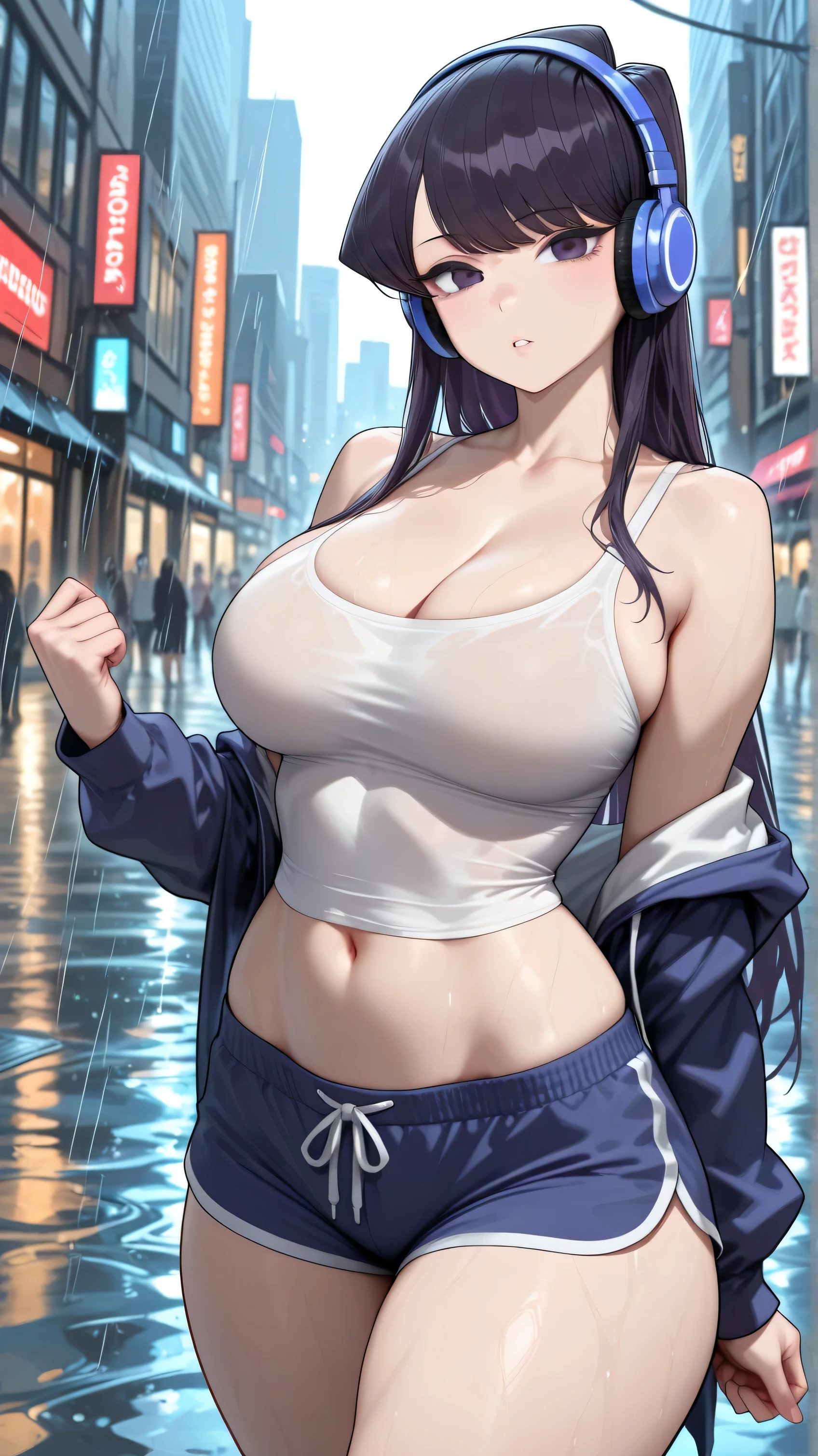 best quality,masterpiece,highres,absurdres,newest,rating: general, (hinata, 1girl, hyuuga hinata, purple eyes,white eyes, blunt bangs),fishnet pantyhose, short shorts, hoodie,hand in pocket,head tilt, street,cowboy shot, ?,(night,night sky),from above,large breasts,cleavage,(areola slip), big breasts