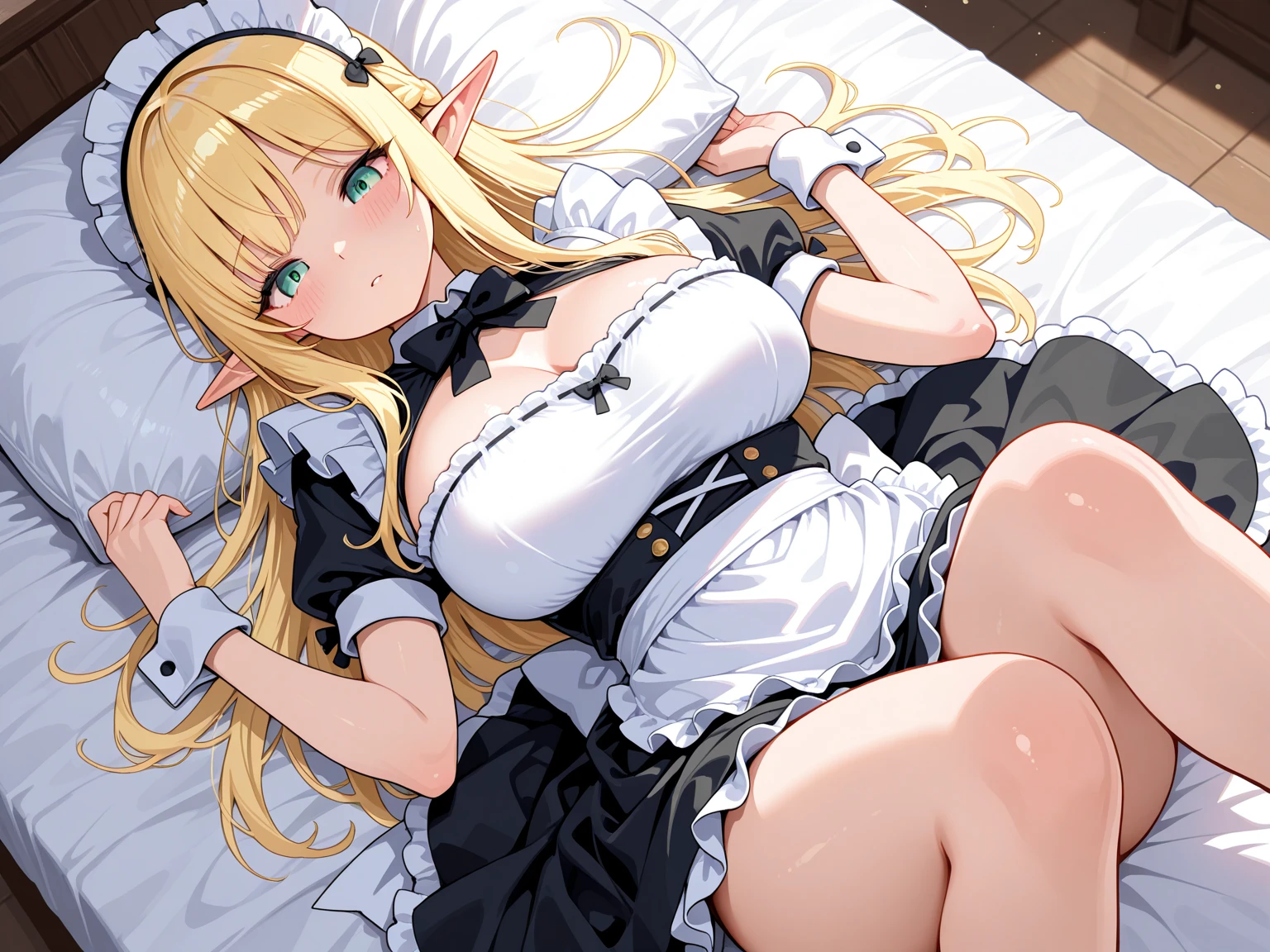 ((highest quality、High resolution、masterpiece))、Portrait、(10Year old beautiful girl)、Perfect body、Beautiful breasts、Nipples、Long blonde、Maid、No panties、Embarrassed、Legs wide open、(((POV、Having sex、orgasm)))、Creampie