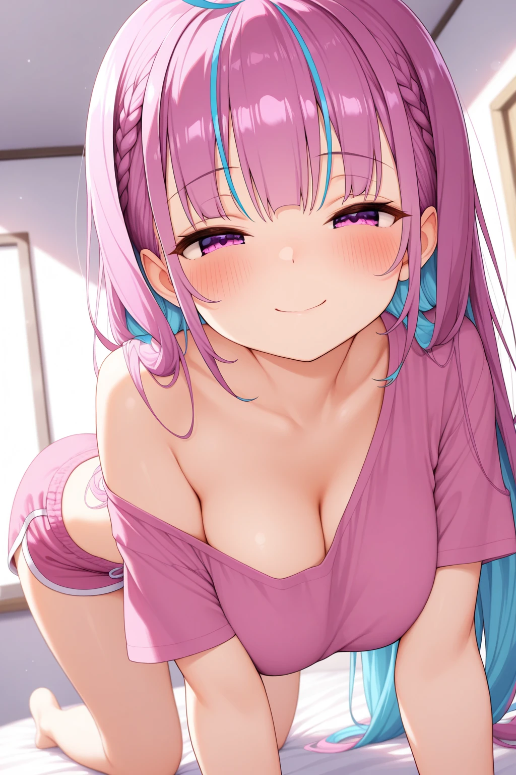 masterpiece、highest quality、Very detailed、Photograph the upper body、1 female、(Put your arms behind your back:1.2)、Are standing、Turn your body forward、View your viewers、(Rhythmic Gymnastics、Blue leotard)、Holding nothing in hands、blush、shy、Pink Hair、Open your mouth、Indoor sports ground、Big Breasts、