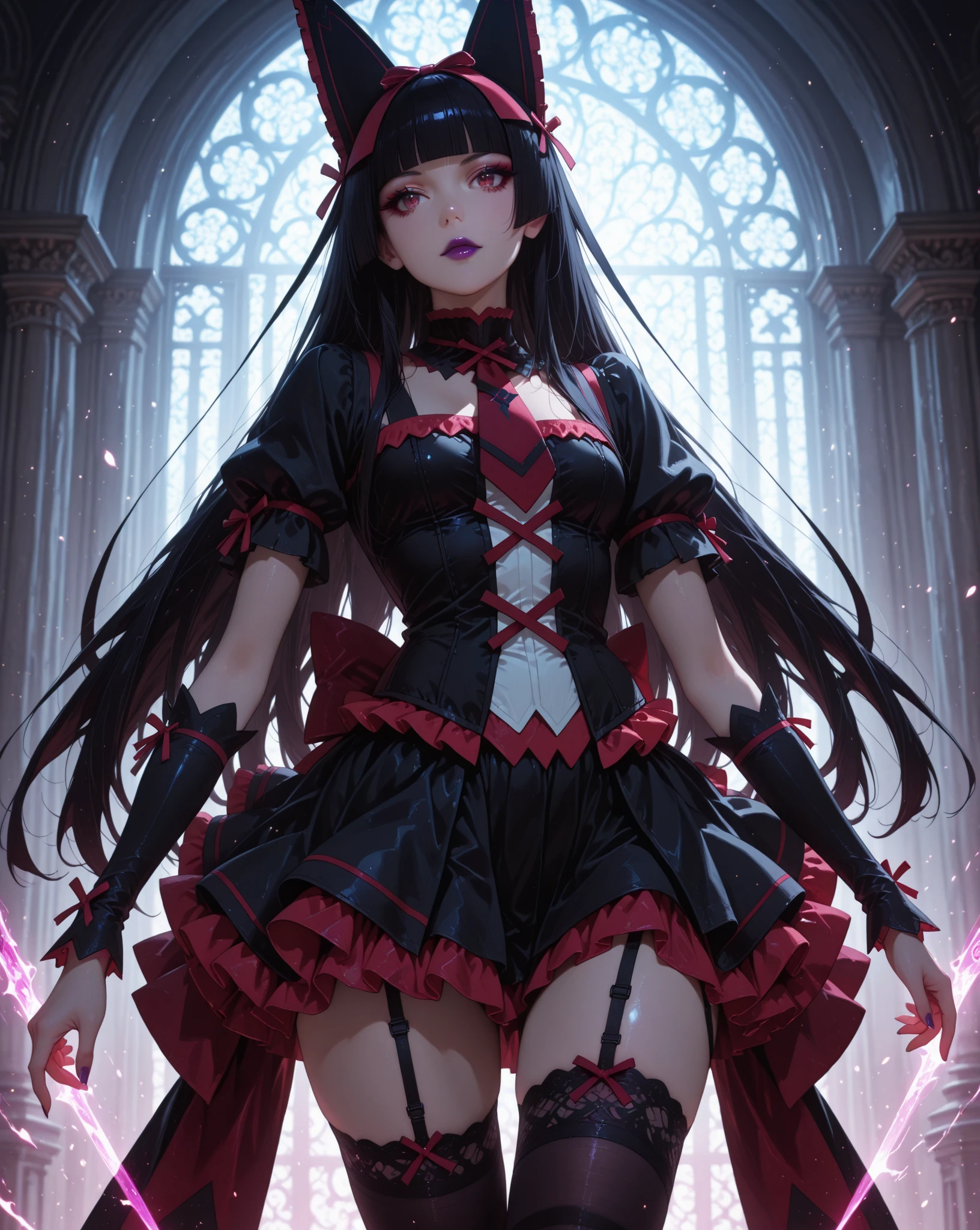Anime girl fantasy world, medieval, long black hair, big red bow in the middle of her head, loose bright white dress, thigh-high stockings, showing white skin, good figure showing off curves, Standing with your back bent and your hands on your legs Standing position: Standing with your back bent slightly, causing your chest to protrude Hands: Both hands lightly grip your thighs or skirt Legs: One leg slightly raised, revealing your inner thighs Eyes: Looking over your shoulder or at the audience Facial expression: A challenging and seductive expression