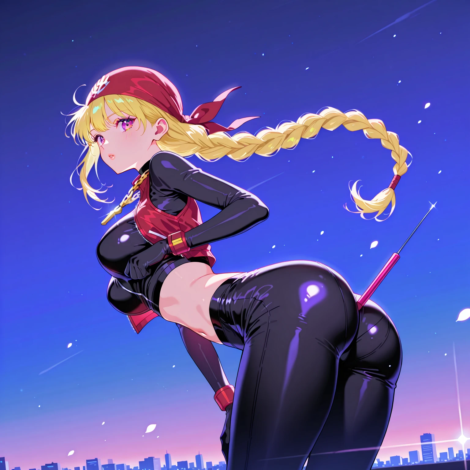 masterpiece, best quality, highres, aaharvey, long hair, twintails, twin drills, hair ribbon, red leotard, bodysuit, bare shoulders, gloves, thighs, thighhighs, boots, <lora:claire_harvey_v1:0.7>, from behind, ass,