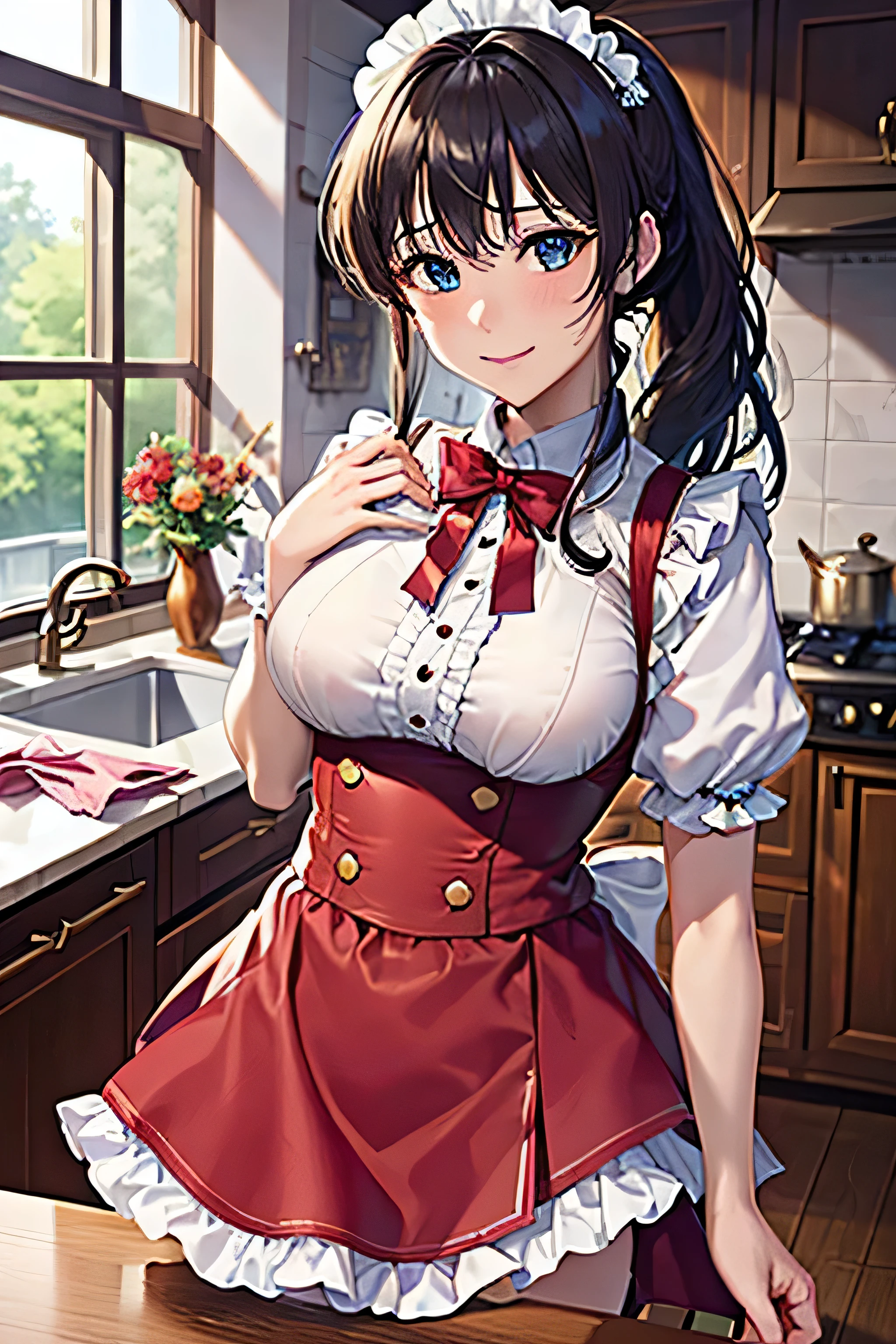 (dynamic angle:1.3, front view:1.1, breast focus:1.3, from above:1.1), (dynamic posing:1.2, sexy posing:1.2), (seductive smiling:1.3), ((looking at cake,Taking a cake out of the golden oven, worried about the outcome:1.2)),highest quality、(real、photorealistic:1.4),(ultra high resolution, 8K RAW photo, clear focus), best qualtiy, natural lighting, field depth, (Bright pupils, detailed beautiful eyes, high detailed face), Red lip, (tight focus:1.2), a girl 22yo old, Wearing a pastry chef uniform:1.3 , Thicc, thin breast, long hair, blue eyes,garter stocking, cleavage:1.2, midriff, black shorts, black thighhighs, thigh strap, pretty girl, (highly detailed beautiful face and eyes,firm breasts),real skin,((black,hair,long pony tail hair)),thin pubic hair,cute,lovely, detailed eyes,(double breasted:1.0,under bust:1.0),(with sparkling eyes and a contagious smile),open mouth, Looking at Viewer,A scene of cooking in the kitchen,looking at the golden oven