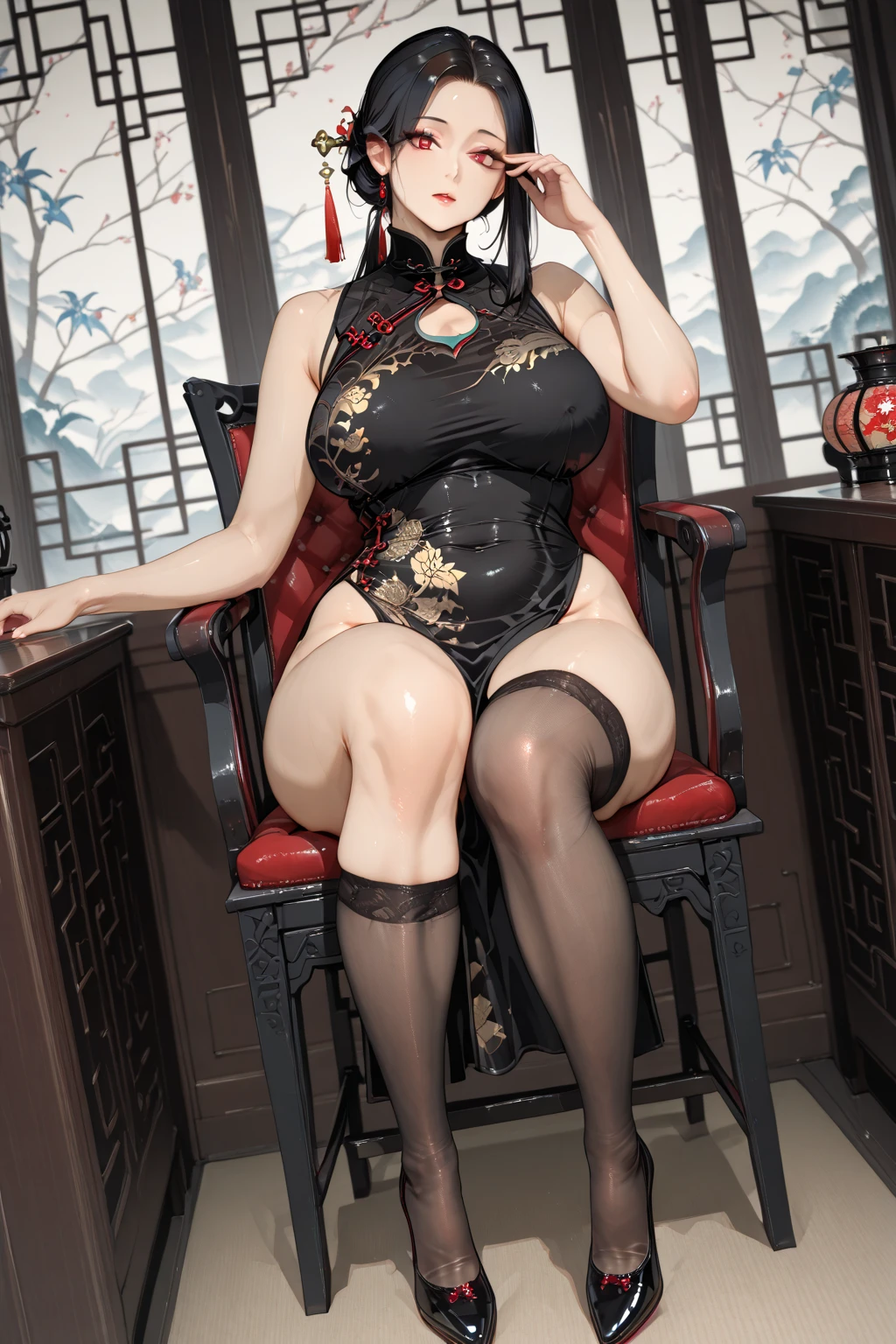 (((absurdres))), (((masterpiece))), (((best quality))), ((ultra-detailed)), ultra high quality, realistic, (real picture, intricate details, depth of field), (((1girl, solo))), make up, parted lips, highly-detailed, perfect face, (((mature woman, milf))), (huge breasts, thick thighs, wide hips, attractive waist), (skindentation), tall, glossy lips, ((voluptuous body)), sexy, blushing, (black hair, bangs, ponytail), necklace, earrings, (beautiful yellow eyes)), alluring smile, (((sleeveless, nurse, leotard, navel cutout, pelvic curtain, nurse cap, stockings, gloves))), (((erotic pose)))