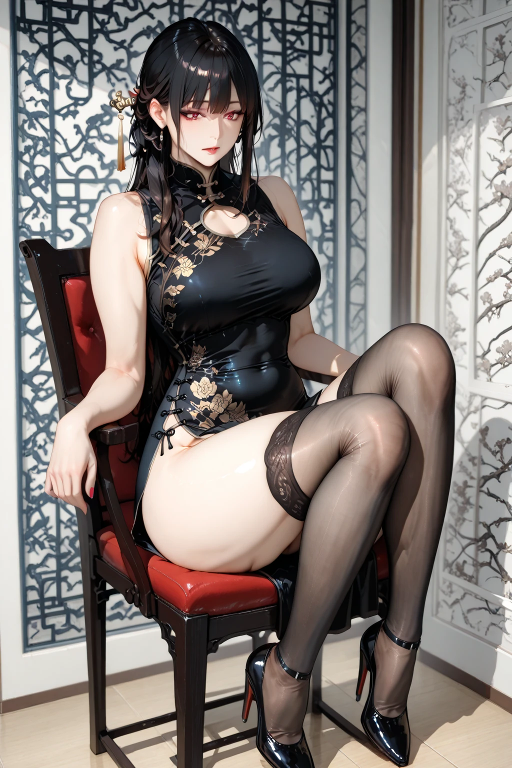 Chinese idol girl　Mature Woman　Wavy black hair with bangs　(Bright red rouge lips)　Chubby　Plump　((Rimless glasses))　Large Breasts　Super big boobs　Big eyes　SakuraFubuki　((Gorgeous and sexy super shiny long cheongsam))　((garter belt))　Big Ass　((Knee-high boots))　8K　Photorealistic　Drawn from below　((Cherry blossoms in full bloom at night))　(A large amount of falling cherry blossom petals)　((Armpit))　Ocean　full moon