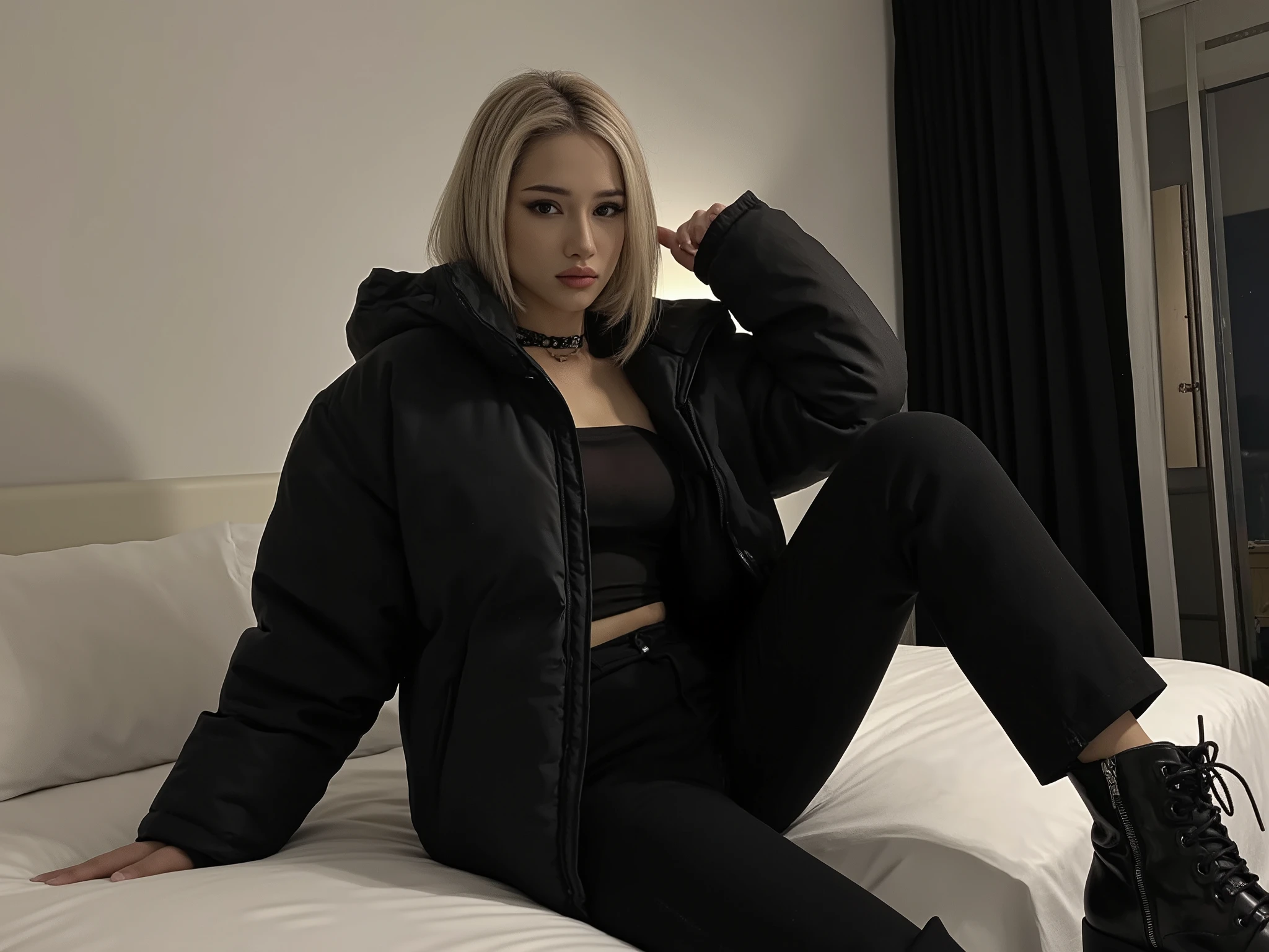 ultra-realistic instagram RAW photo ,   skinny Russian brunette girl, emo-goth, blonde with a small choker,  long dark hair ,  rough on top, tight little, a very puffy short black oversized jacket, short jacket without hood, short winter puffy jacket, rich jacket color, tight non-shiny quilted jacket, hair lies beautifully on a jacket.     narrow waist, slim  rounded  in wide black high-rise jeans , lying on his knees on the bed in the bedroom , large closed  in a black nylon translucent top with sleeves. in autumn boots , is embarrassed, on heels,  beautiful  legs , legs together, тонкая narrow waist,    ,looking at camera, perfect body,  ideal forms ,   maximum clarity  , соблазняющие looking at camera,  , side view of  and shoes, dark photo taken 