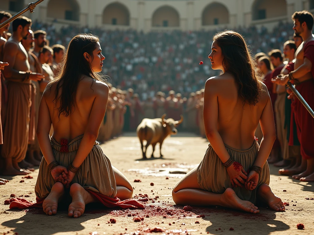 Frontal view of naked Cretan women jumping a brave bull in a bullring in Minoan times, 5,000 years ago.