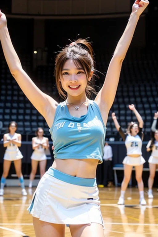 A 20-year-old woman is running, Sports Truck,Soft lighting, head band,Perfect Face,smile,Perfect figure, Ponytail hairstyle, Sporting goods,Spandex mini skirt,Huge breasts,Narrow shoulders, Wide Hips