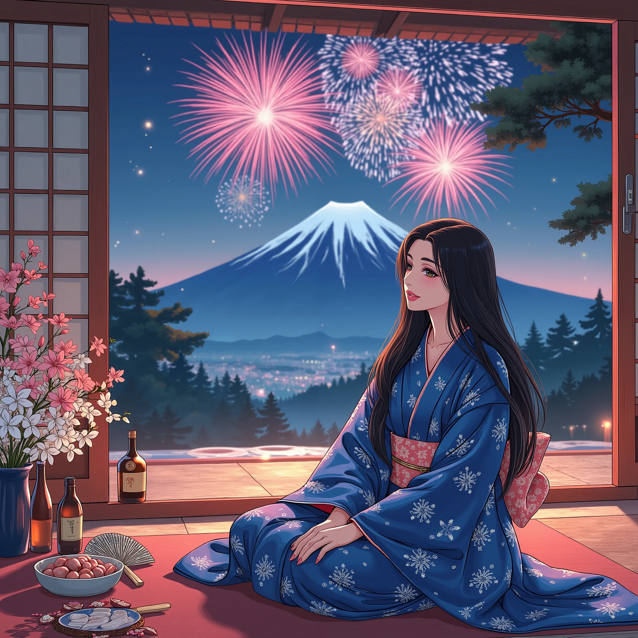 illustrations、Anime、Fireworks at night、Fireworks at night、A beautiful 45 year old woman is sitting、 blue kimono with floral pattern 、Japanese Women、Japanese-style room、pine tree、meters. Fuji、 Beautiful flowers in a vase 々 、Japanese fan、 woman has big breasts 、 Japanese sake 、Snacks、